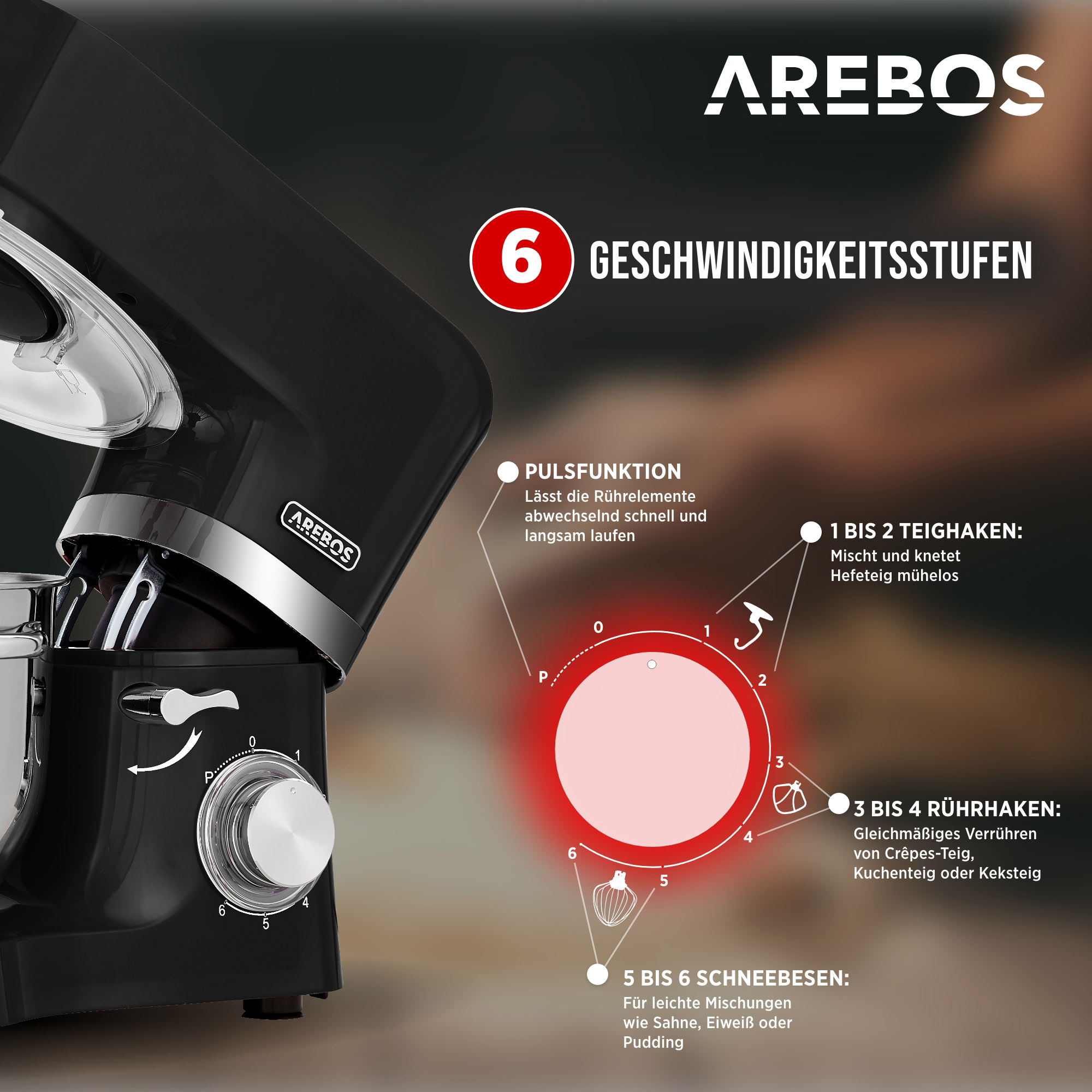 Ein schwarzer AREBOS-Küchenmixer mit Geschwindigkeitseinstellungen, der seine Funktionen veranschaulicht.