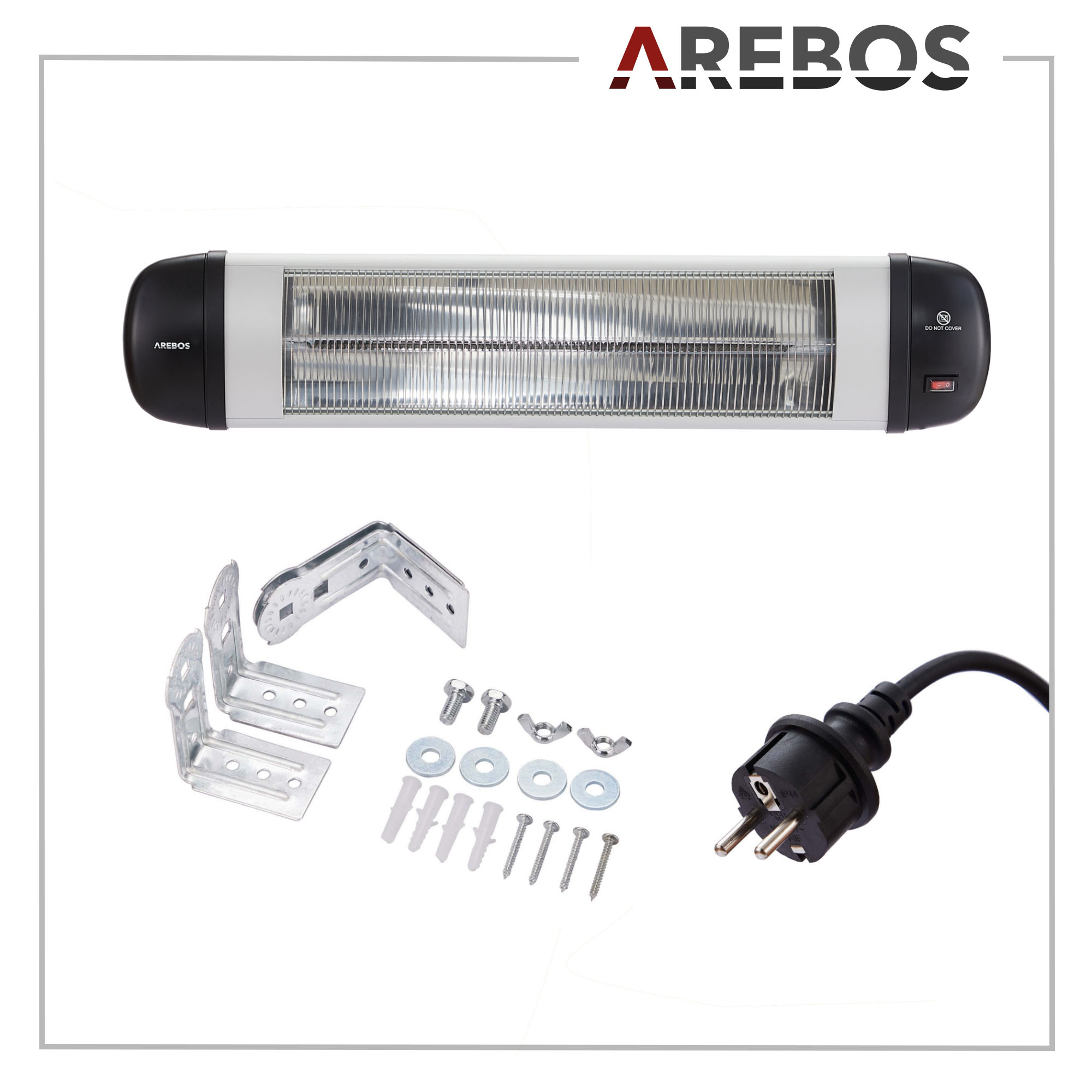 Ein schwarz-weißer Arebos-Elektroheizer mit Befestigungsmaterial und Netzkabel.