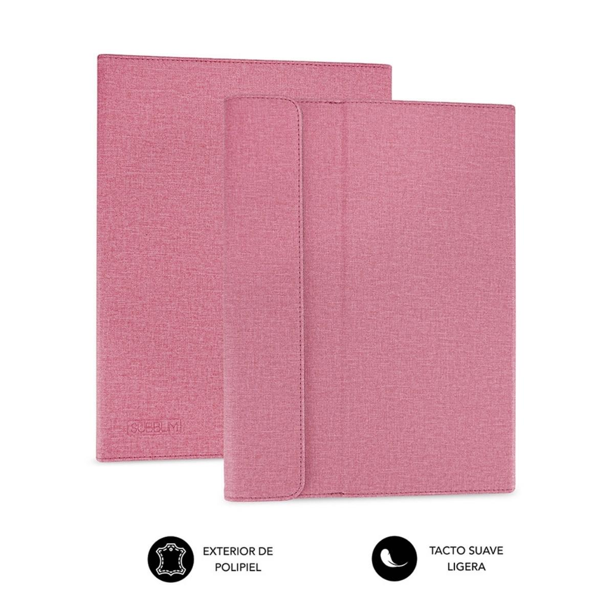 Dos fundas de tableta rosas, una abierta, mostrando el interior. Tienen una superficie texturizada y están etiquetadas como 'exterior' y 'tacto suave'.