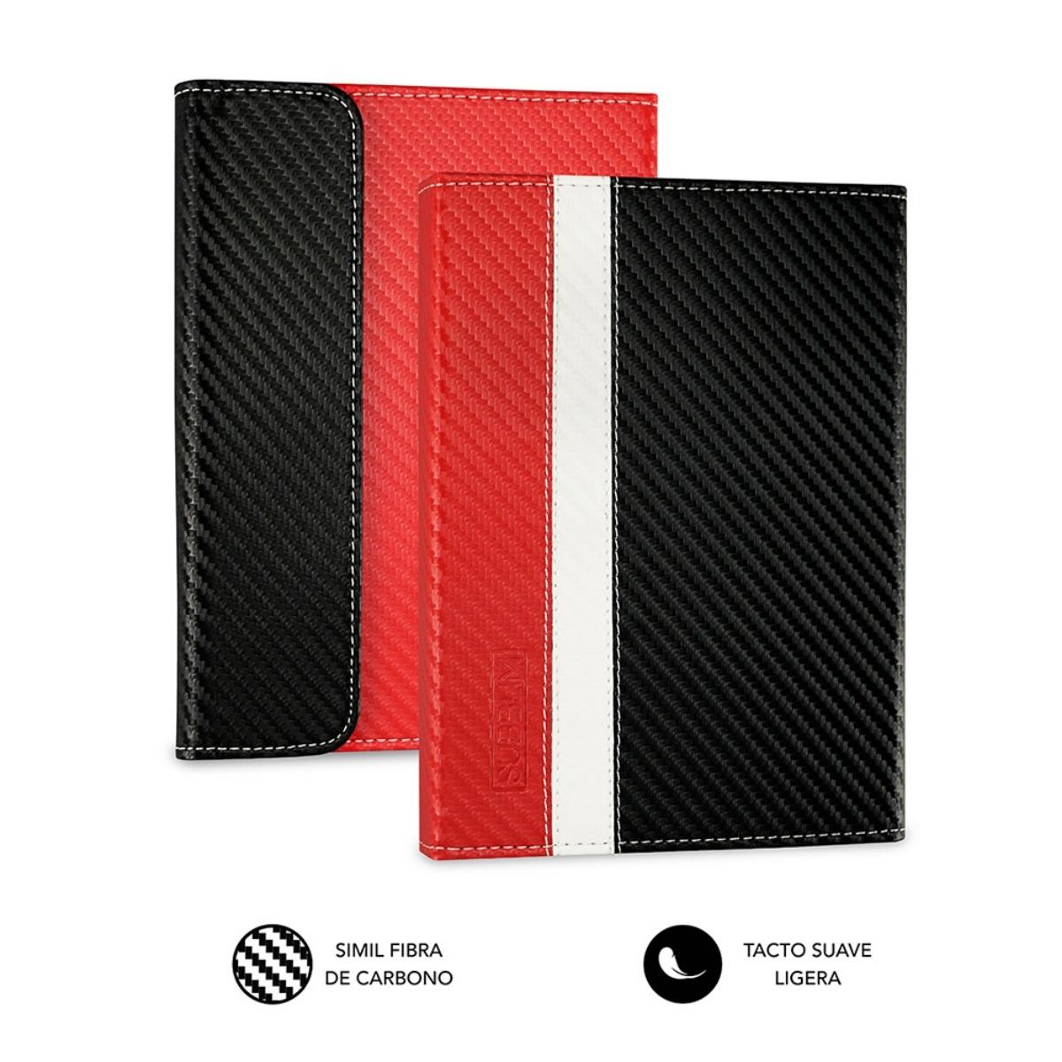 Dos carteras: fibra de carbono negra y fibra de carbono roja. Fondo blanco.