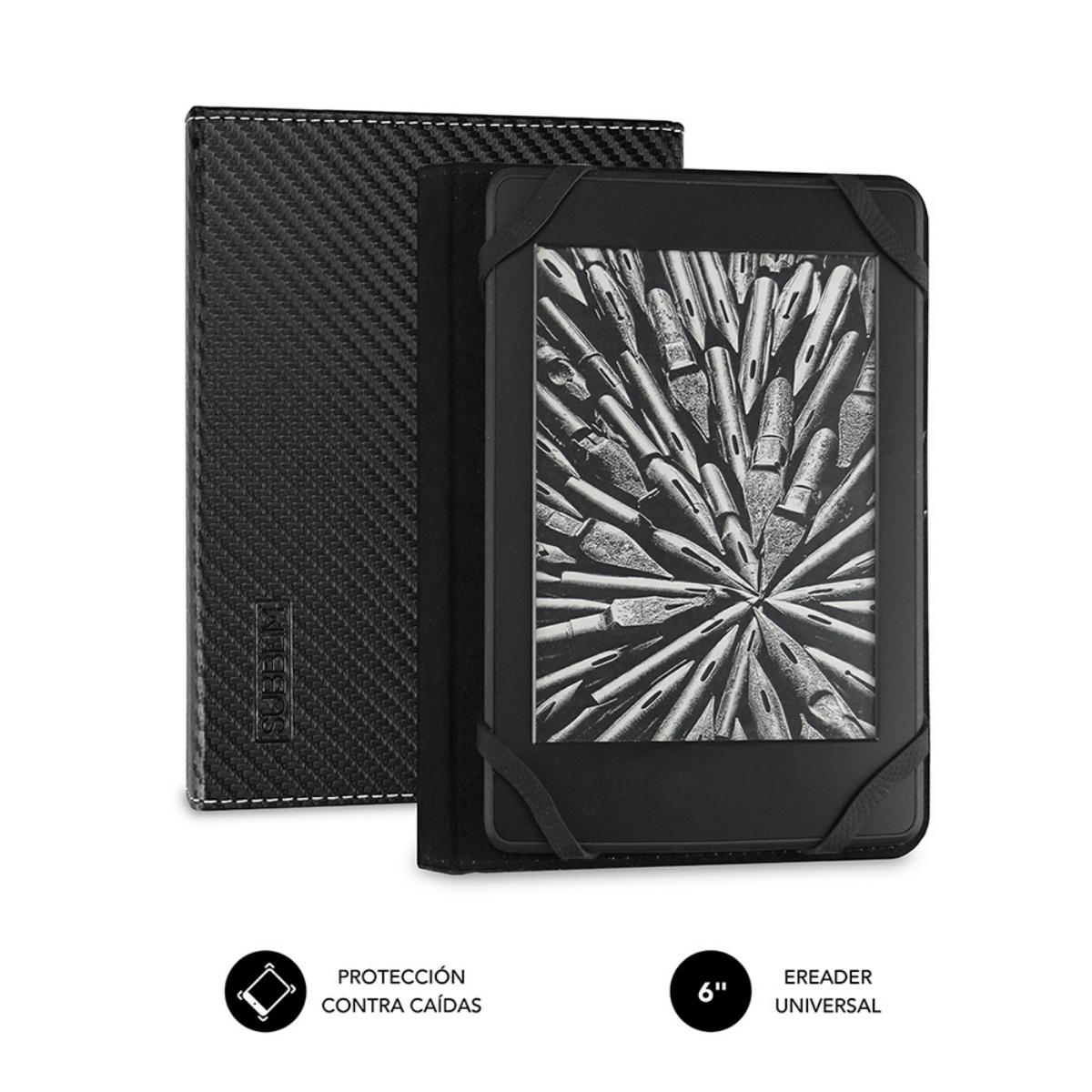 Lector electrónico negro en una funda negra. La funda está cerrada y tiene un patrón texturizado.