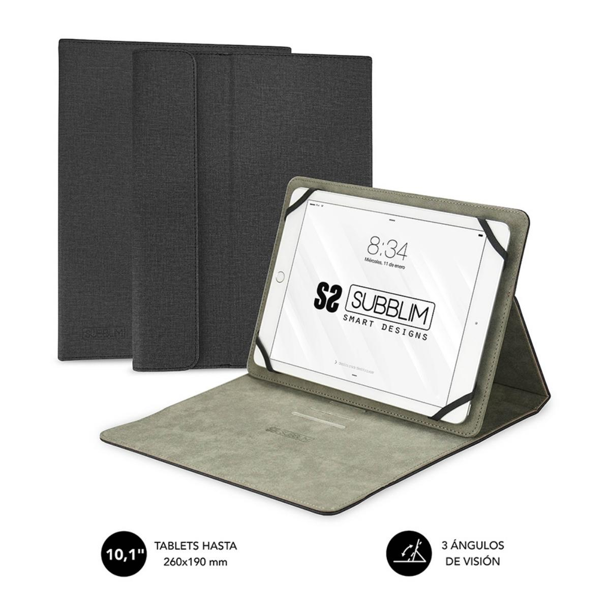 Tableta en una funda gris oscuro, abierta para mostrar la pantalla. Otra funda a la izquierda.