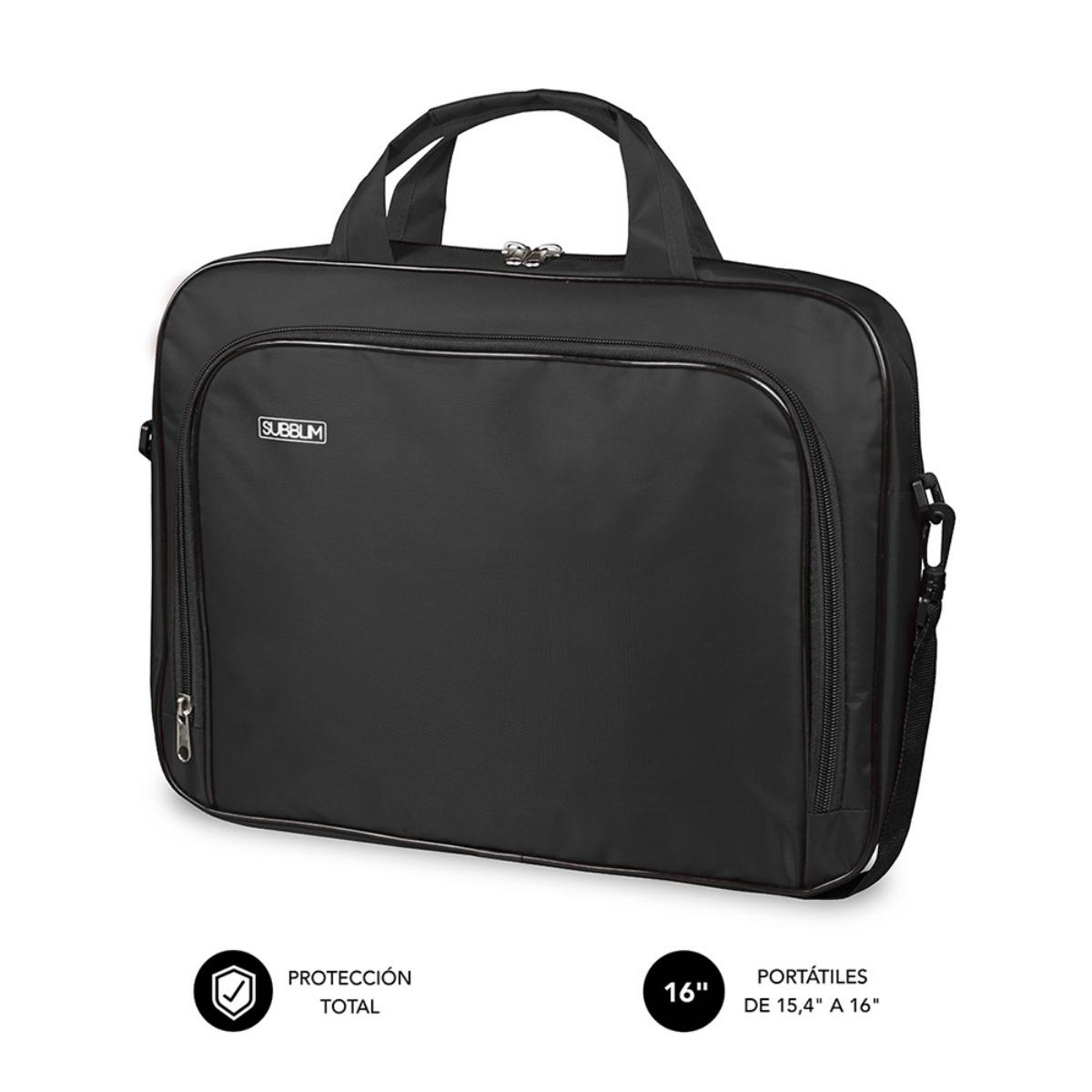 Borsa nera per laptop con manici, cerniera e tracolla. Il testo dice Subblim.