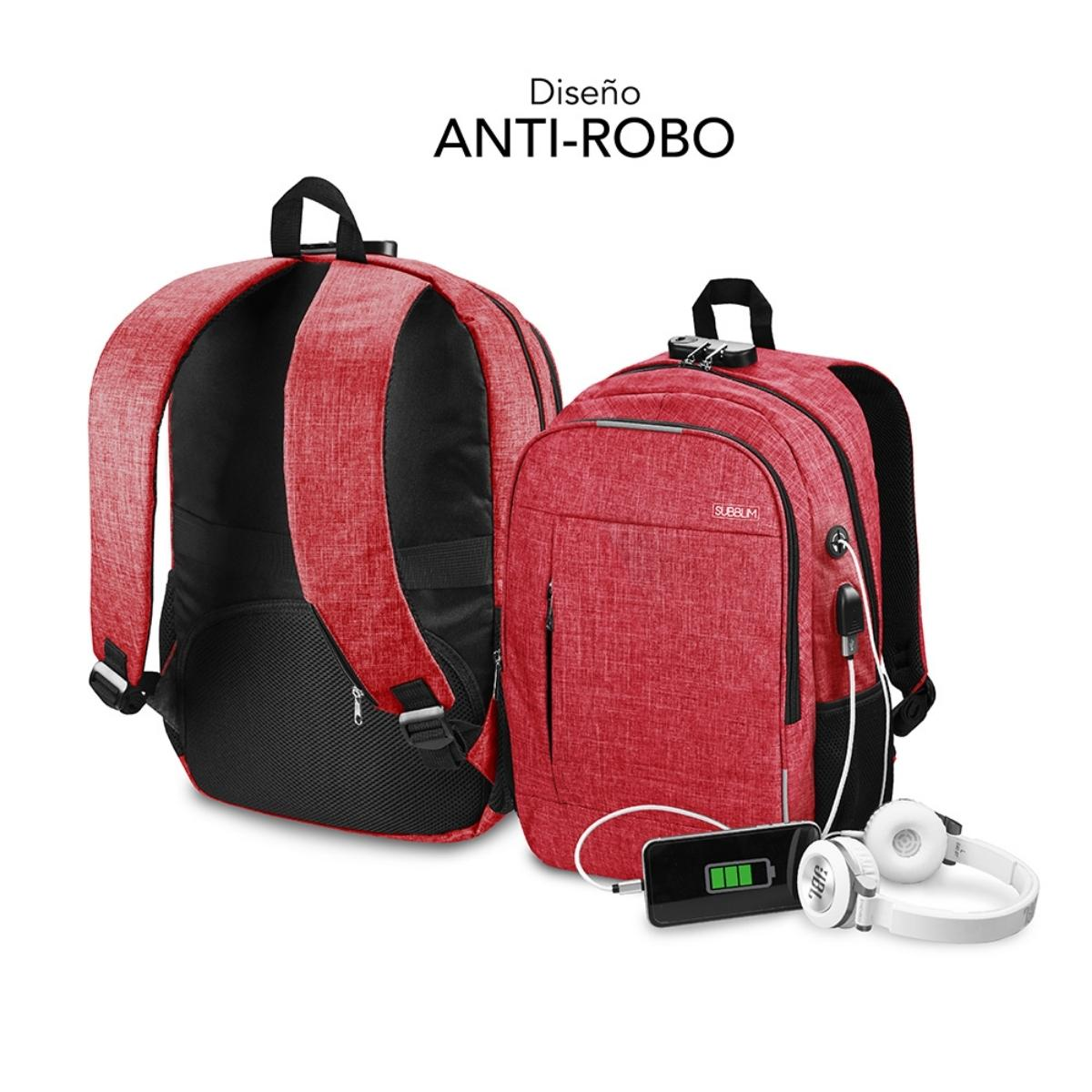 Zwei rote Rucksäcke mit Diebstahlschutz-Design, plus Zubehör.