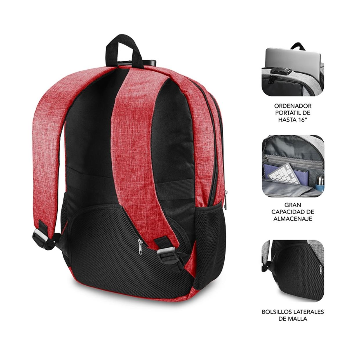 Roter und schwarzer Rucksack mit Seitentaschen und Innenfächern, weißer Hintergrund.