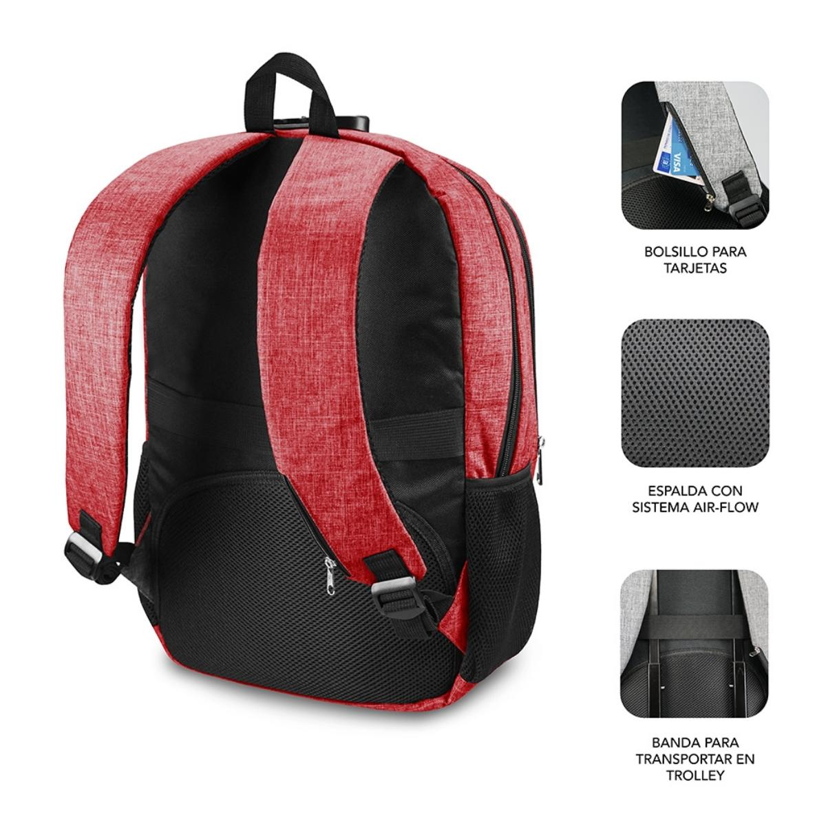 Roter Rucksack mit mehreren Fächern und Kartenfach.