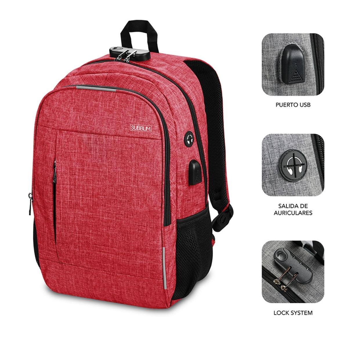 Ein roter Rucksack mit schwarzem Tragegriff und USB-Anschluss. Er hat ein Schließsystem an der Seite.