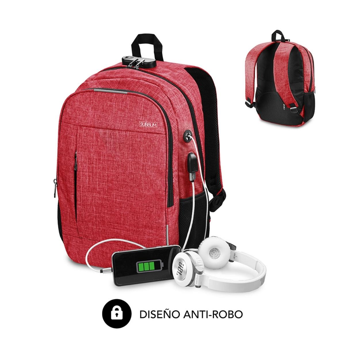Roter Rucksack mit Schloss-Symbol. Er hat ein Telefon, Kopfhörer und ein Ladekabel.