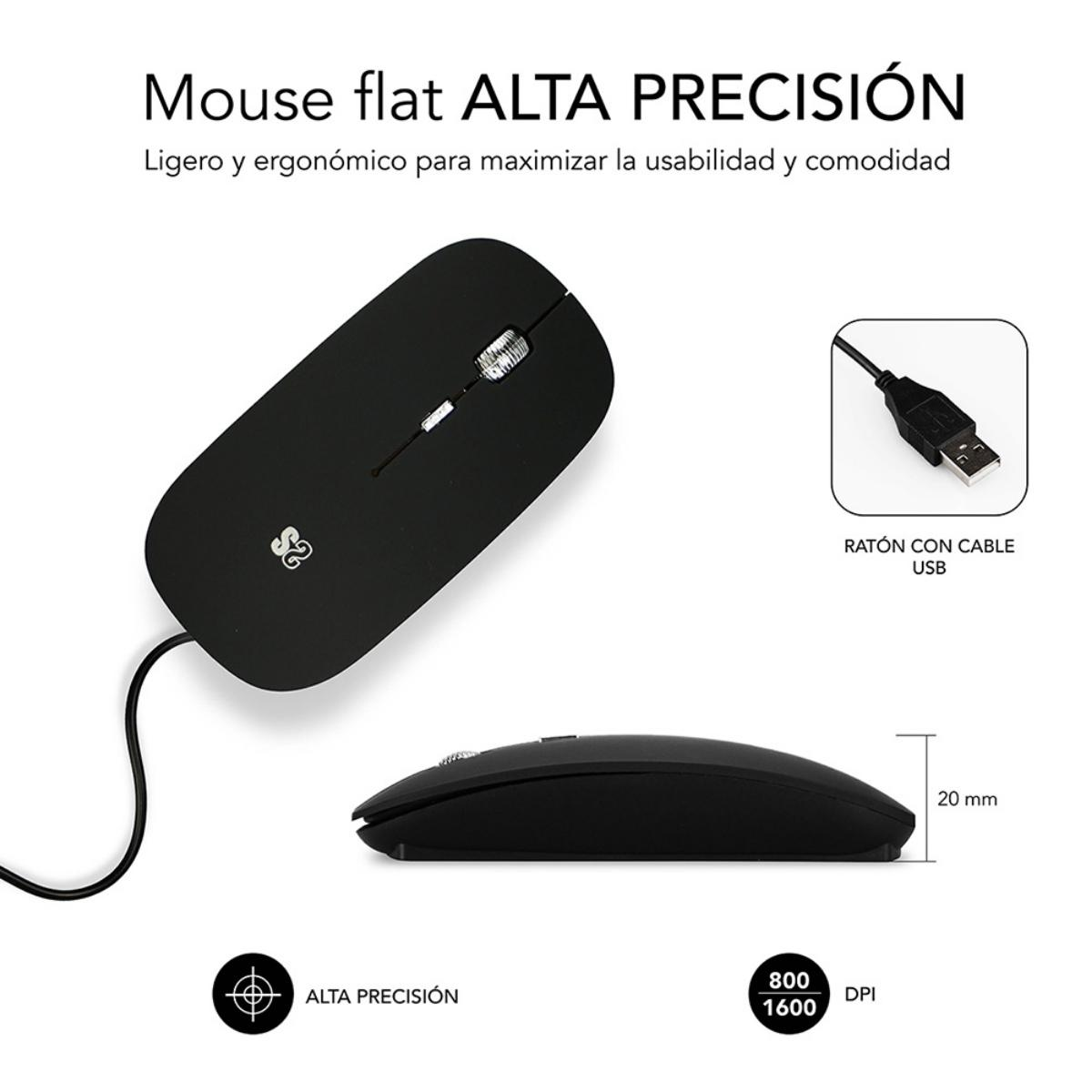 Un ratón plano negro con un cable USB. El fondo es blanco. El ratón está de lado.