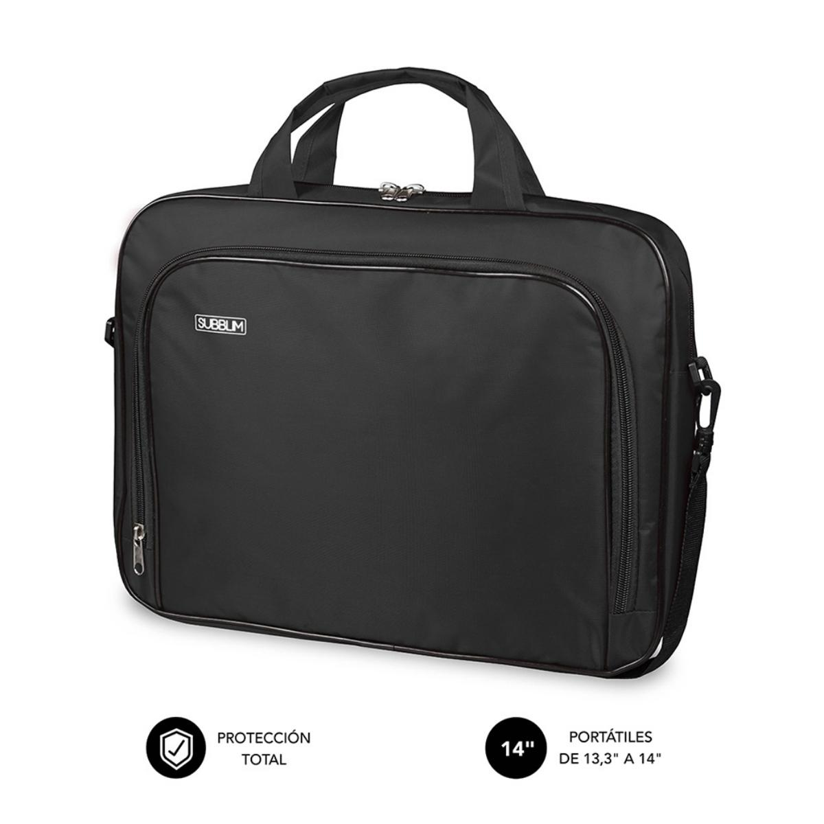 Bolso negro para portátil con el logo SUBBLIM, bolsillo lateral y asa.