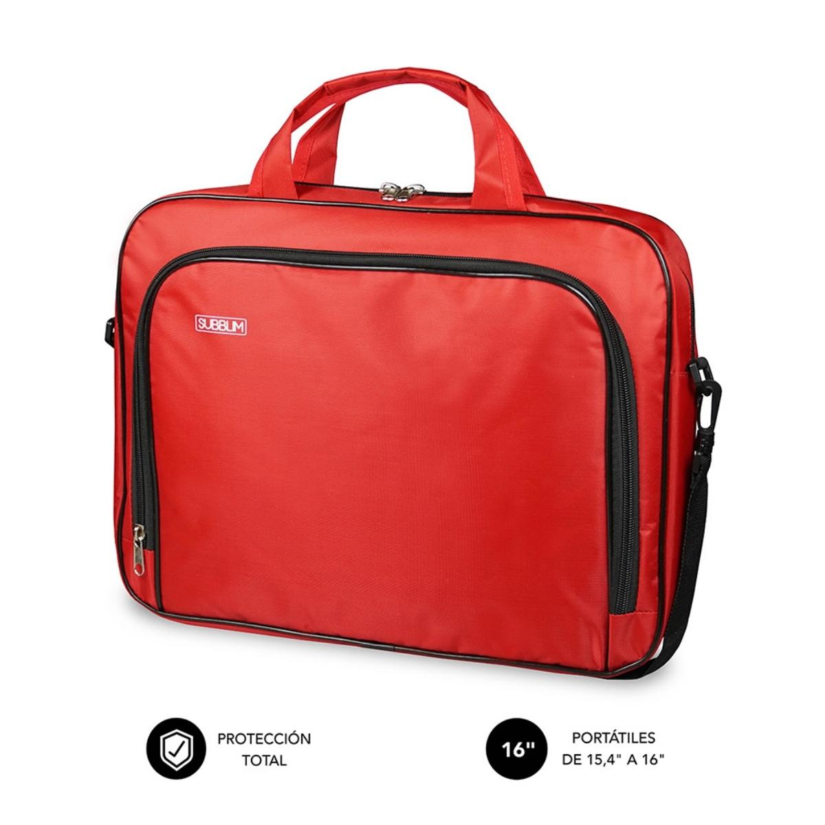 Valigetta rossa con cerniera e manico neri. La borsa ha il marchio.