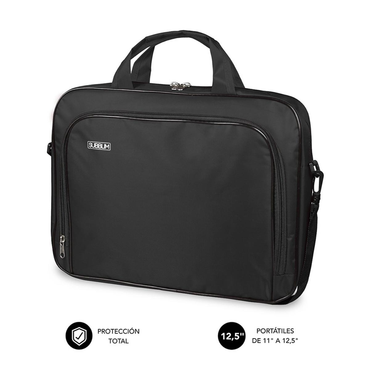 Bolsa negra para portátil con asa y correa para el hombro. La bolsa dice SUBBLIM. Hay una cremallera en la parte superior.