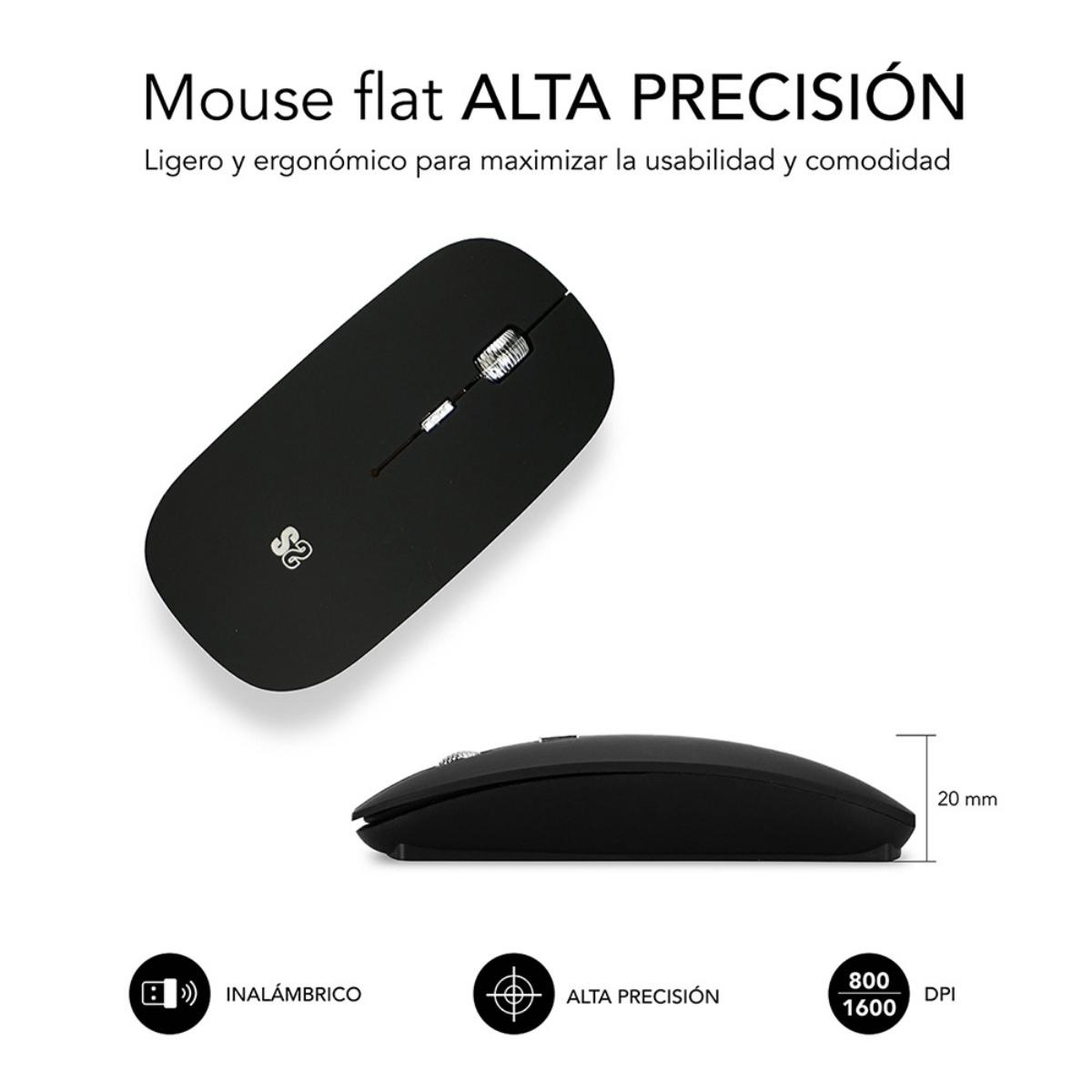 Un mouse nero con un design piatto. È etichettato 'Wireless', 'Alta Precisione' e ha 800/1600 DPI.