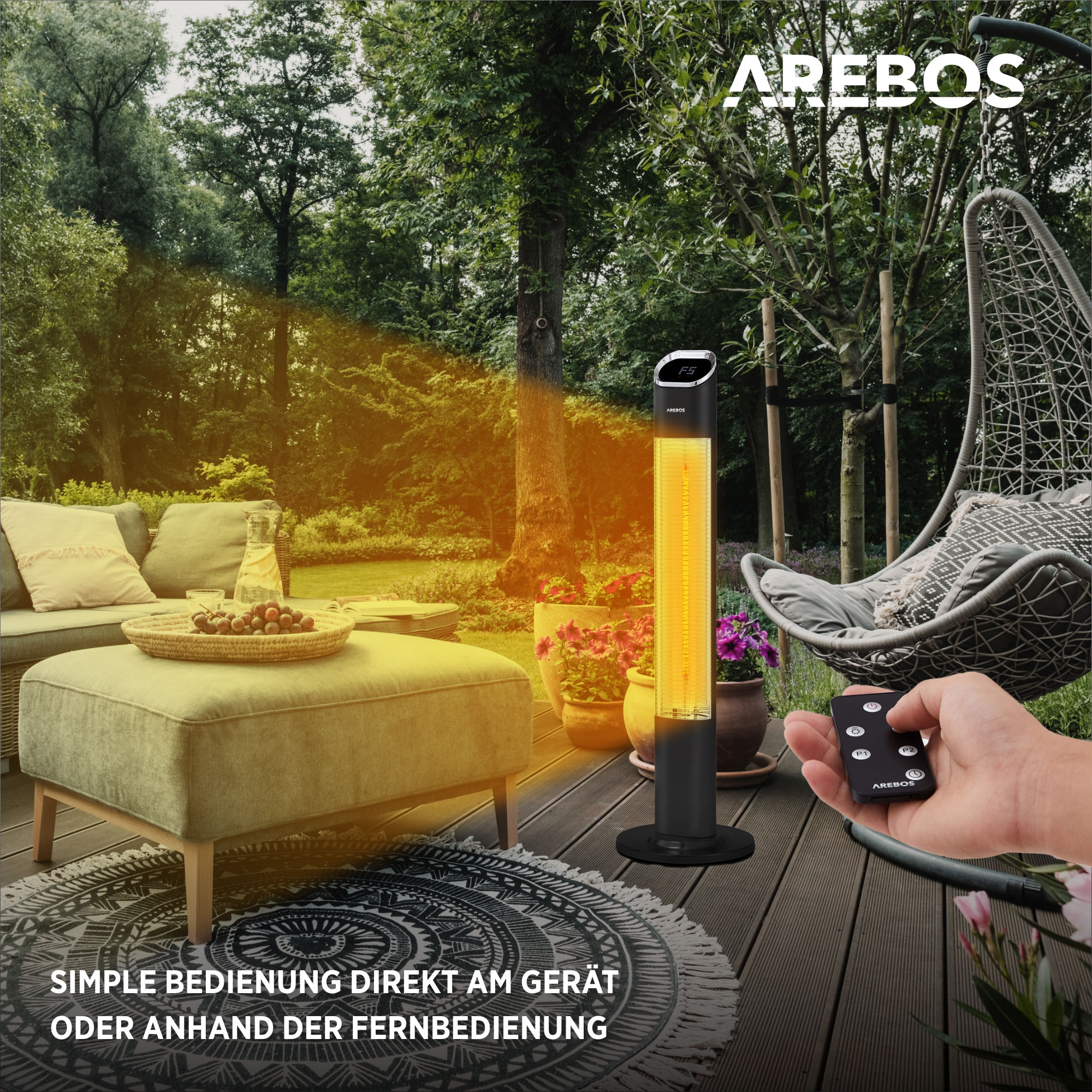 AREBOS | 2 Fernbedienung Heizstufen mit 24 Timer| Premium, Terrassen-Heizstrahler schwarz | Std