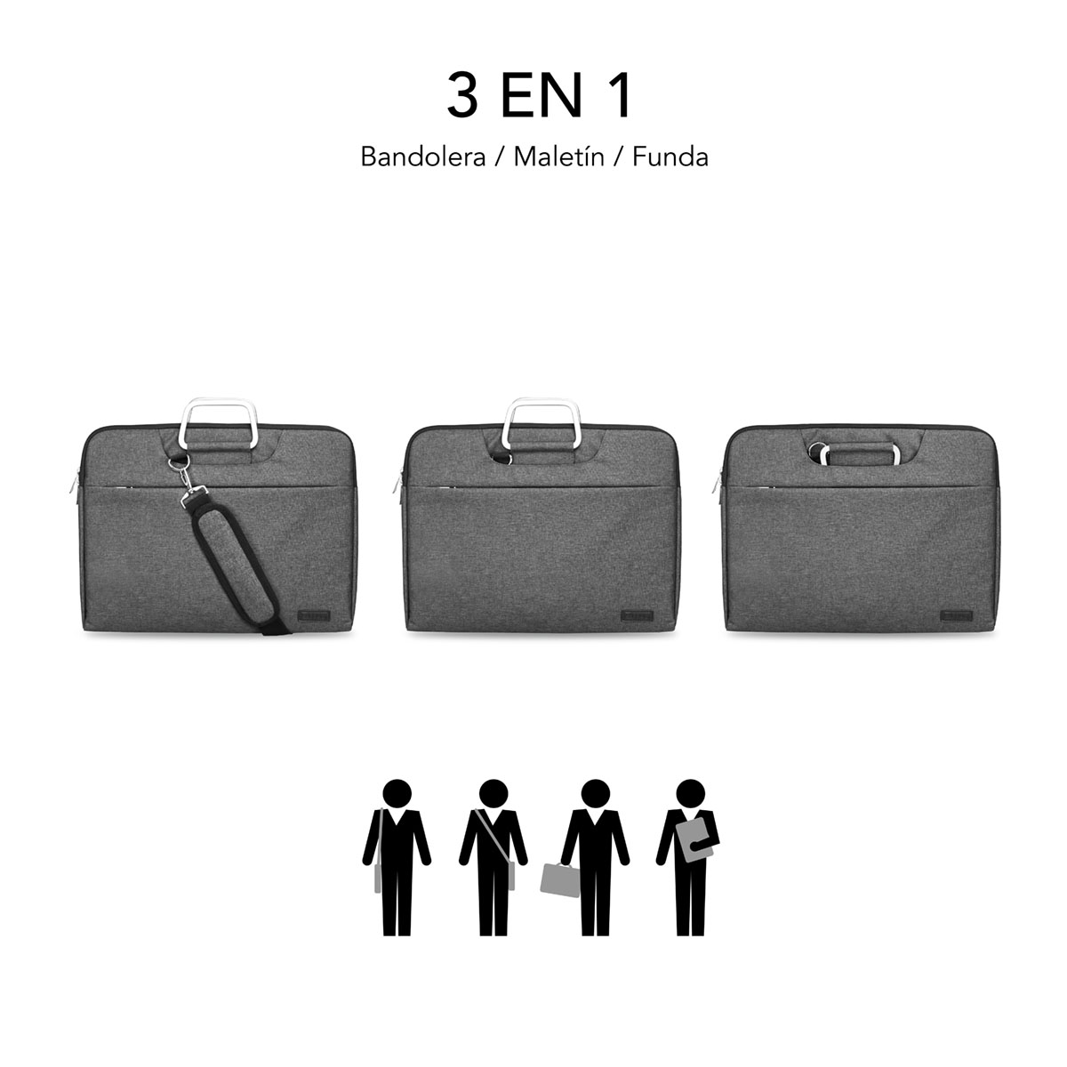 Tres bolsas grises para portátiles, con asas plateadas. Iconos muestran que las bolsas pueden ser bandolera, maletín o funda.