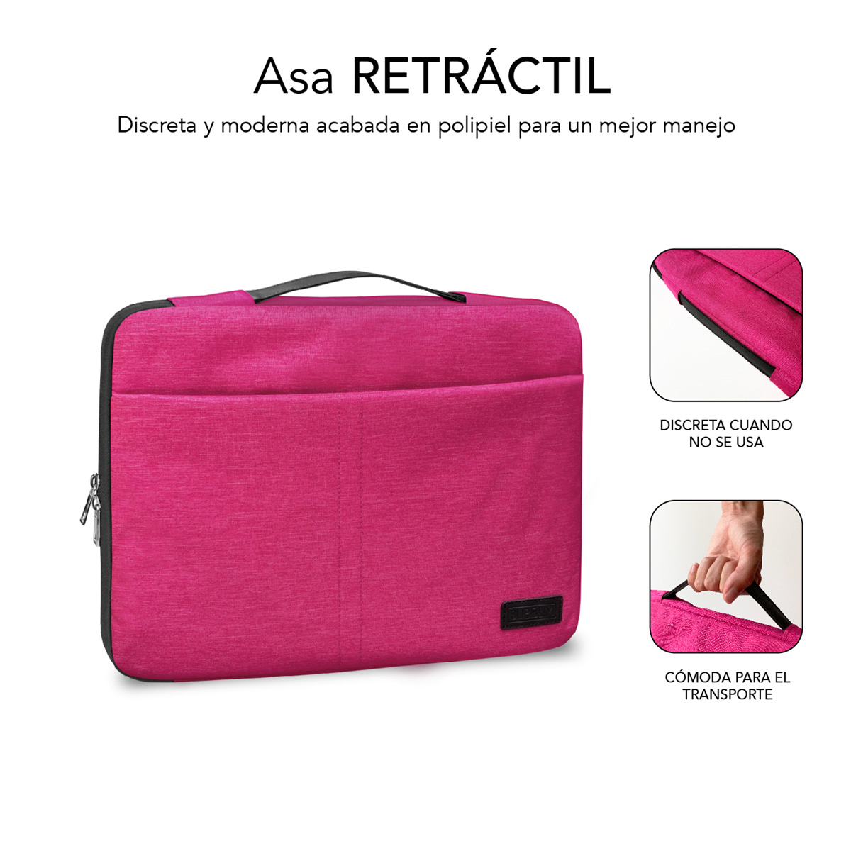 Bolso para portátil rosa con asa. El bolso tiene cremallera y ribete negro.