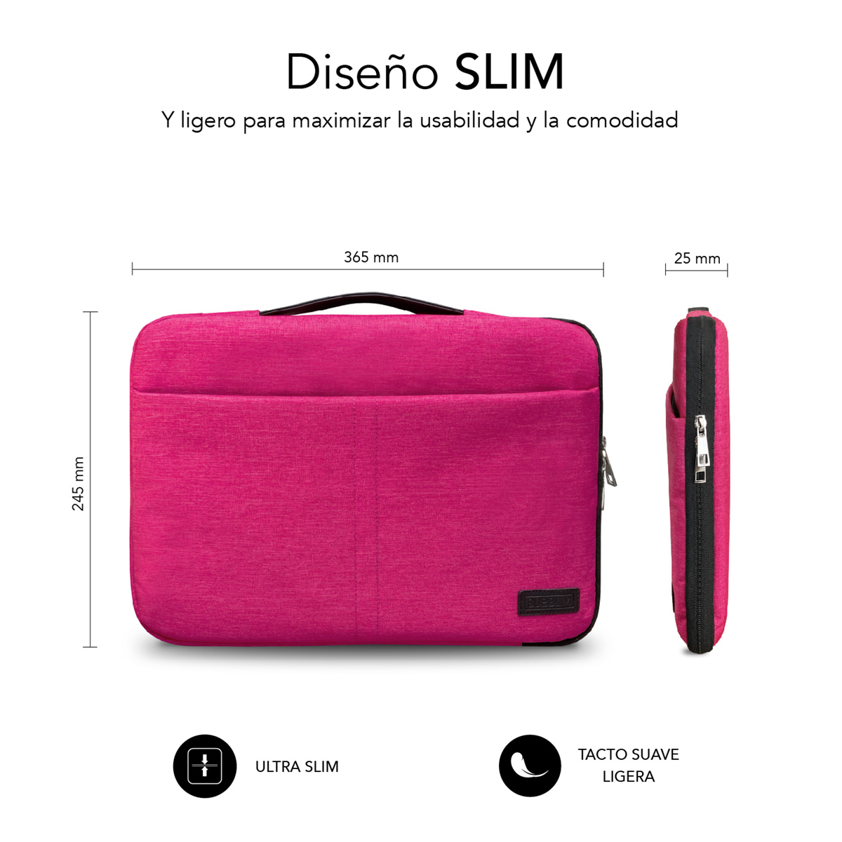 Funda rosa para portátil sobre fondo blanco. Dimensiones y texto, "Ultra Slim" y "Tactile Soft" se muestran.