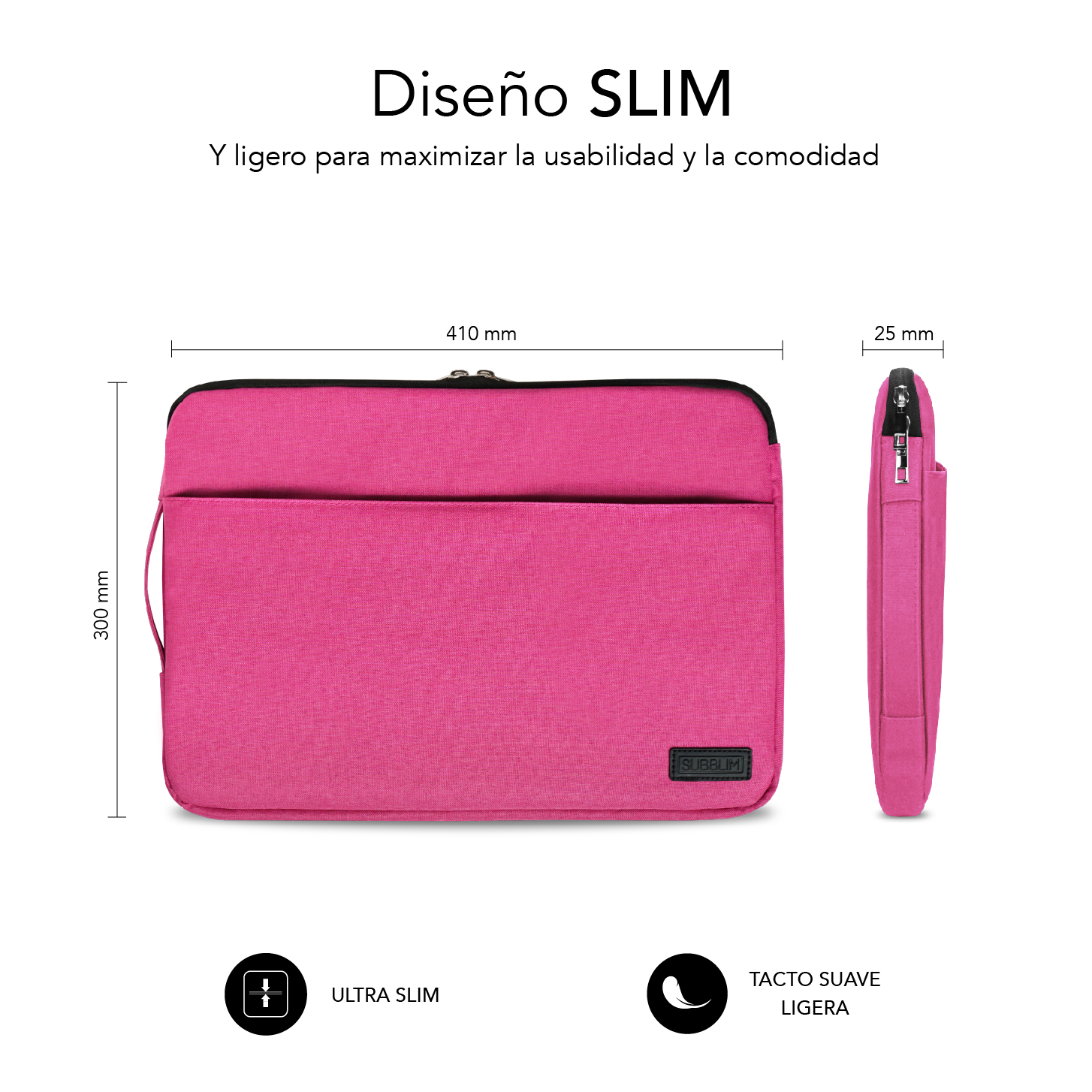 Funda rosa para portátil. Se proporcionan dimensiones. El texto dice diseño delgado y ligero para maximizar la usabilidad.