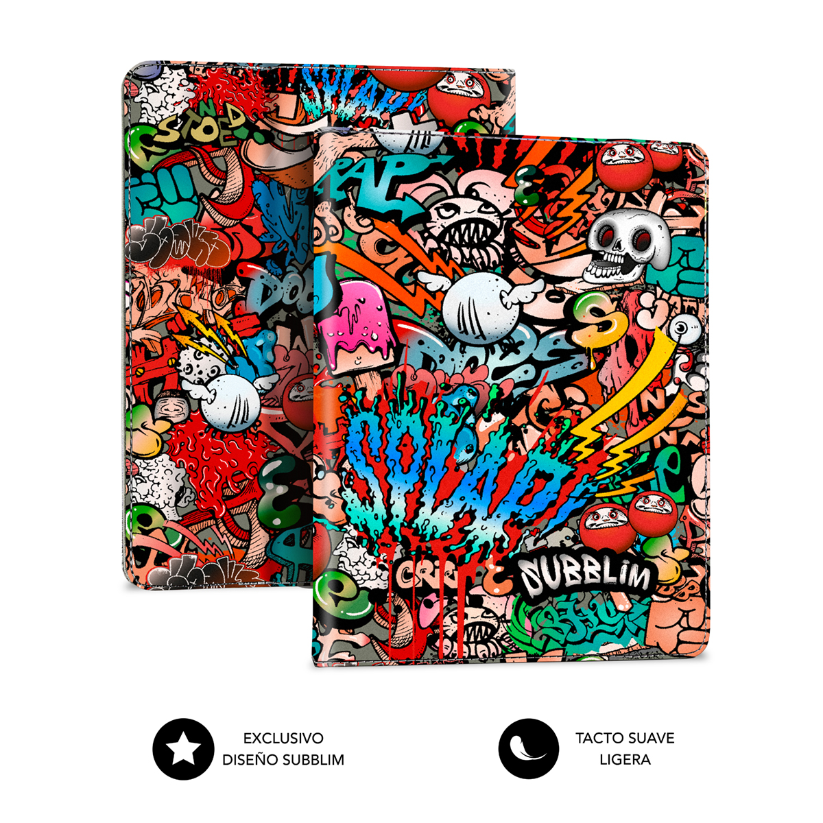Dos fundas de tableta coloridas cubiertas de graffiti sobre fondo blanco.