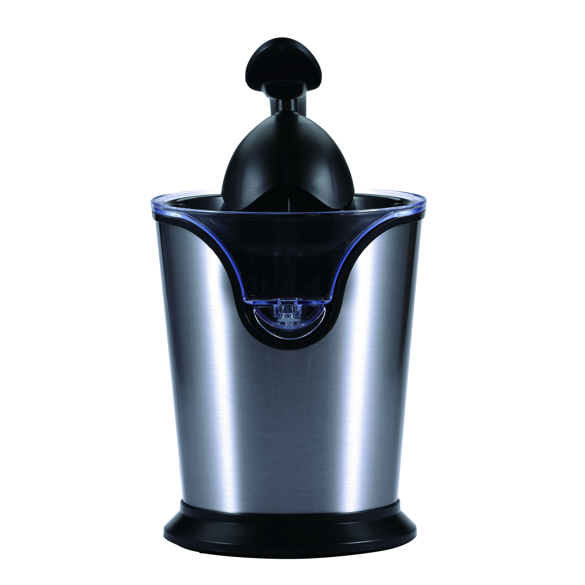 Exprimidor de cítricos de acero inoxidable con boquilla y base negras. El exprimidor está sobre fondo blanco.