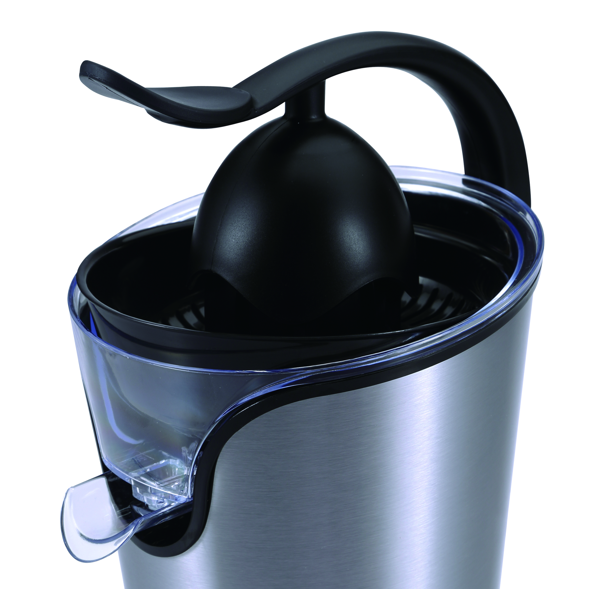 Exprimidor con asa y boquilla negros, cuerpo de acero inoxidable, fondo blanco.