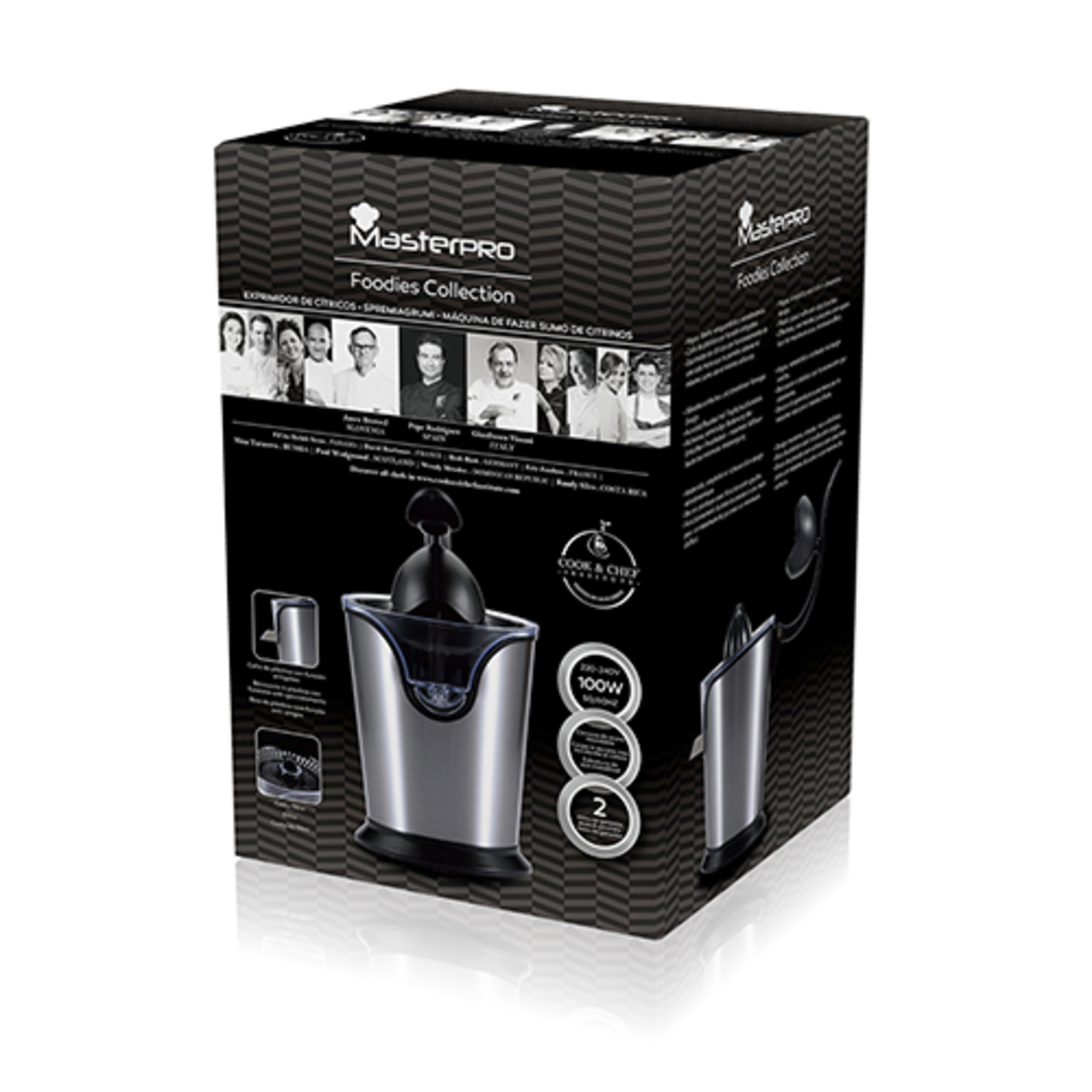 Caja con exprimidor. La caja muestra el exprimidor e imágenes de chefs.