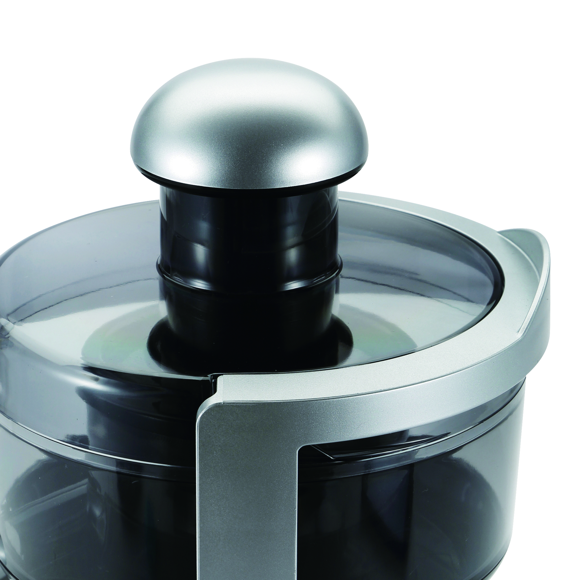 Un primer plano muestra la parte superior de un exprimidor Masterpro negro y plateado, destacando su tapa y asa.