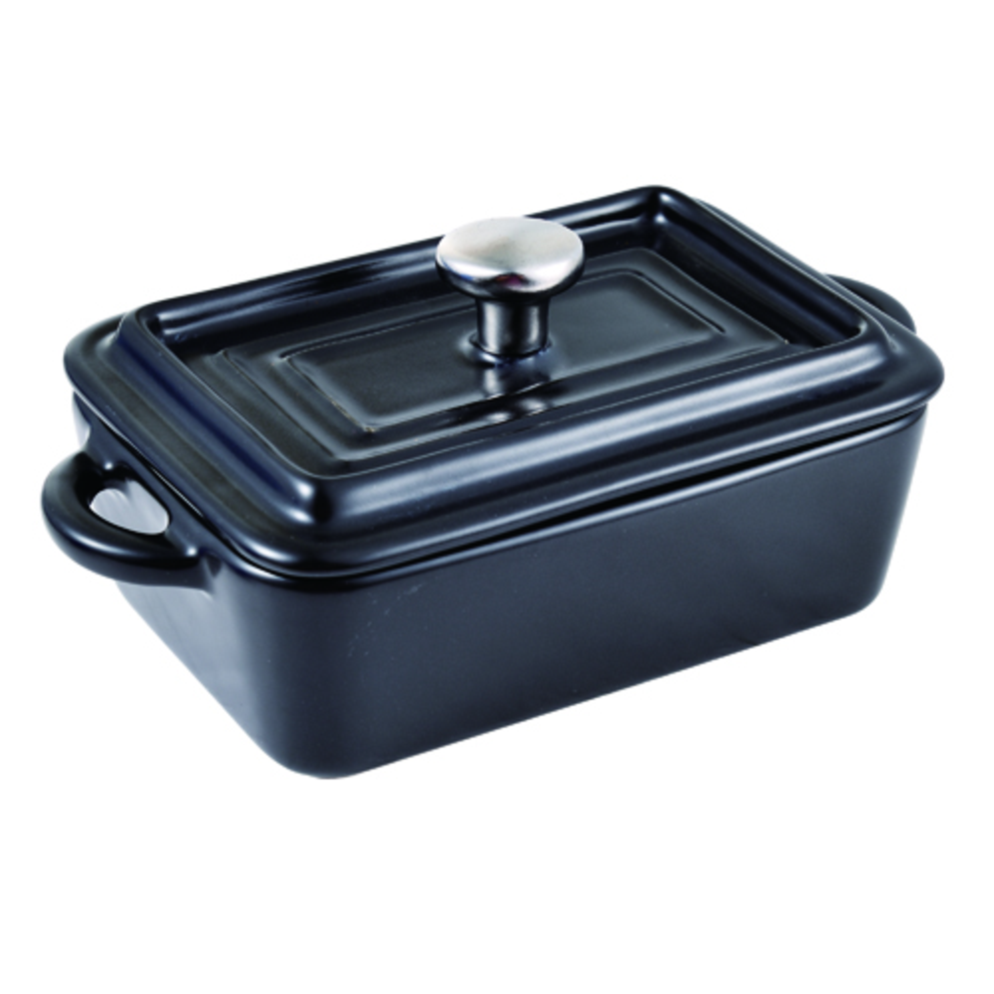 Fuente de horno rectangular de cerámica negra con tapa y asa plateada.