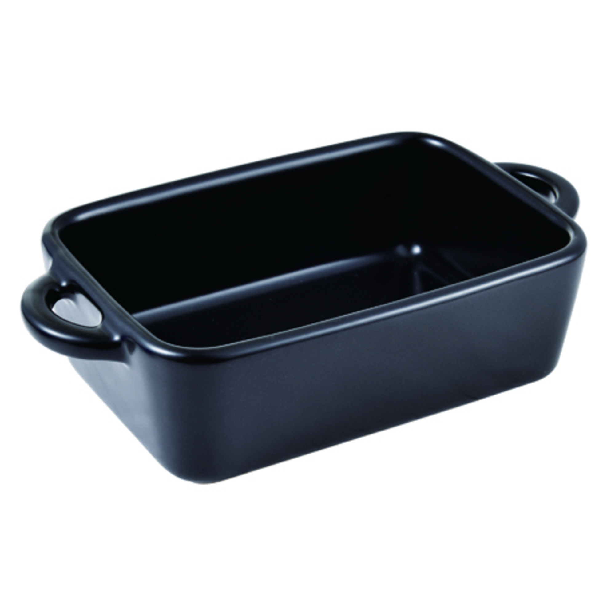 Una fuente para hornear rectangular negra con asas.