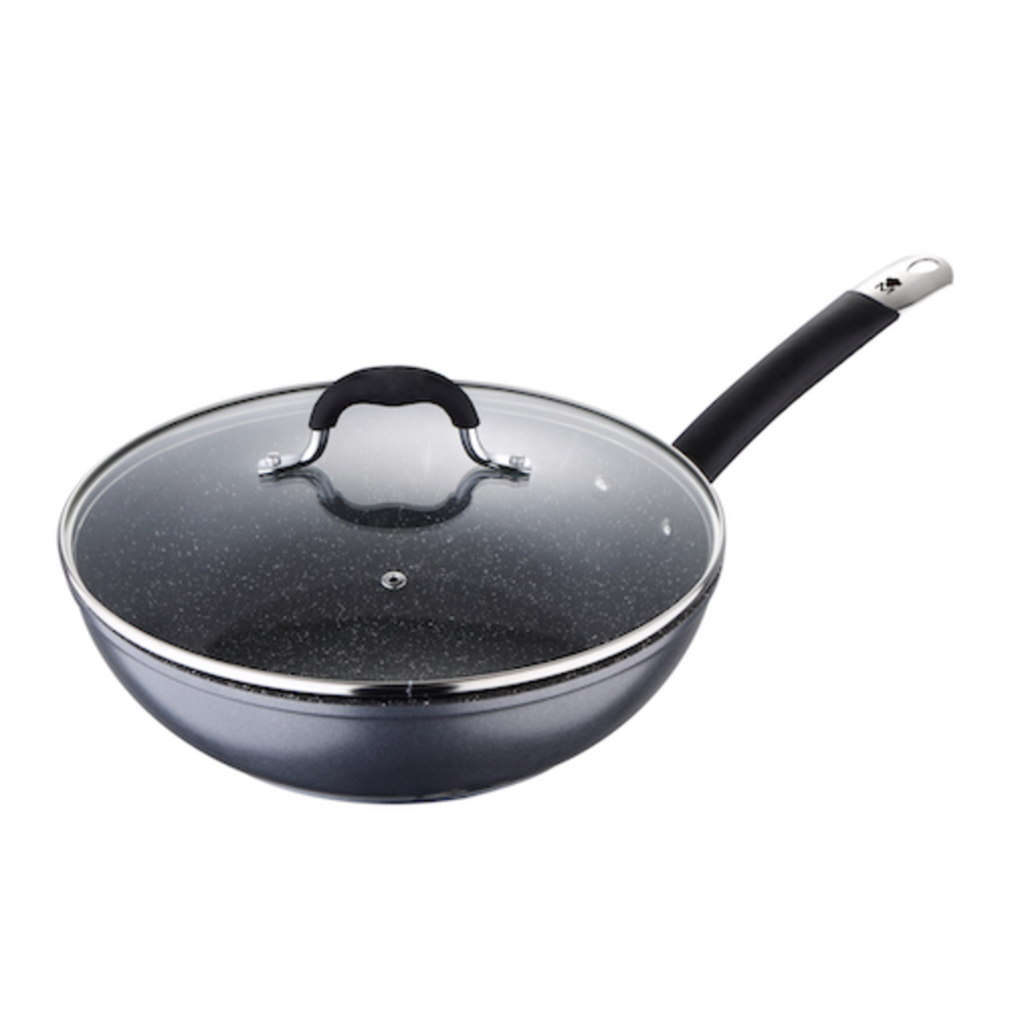 Sartén wok negra con tapa de cristal y mango negro. La sartén tiene una superficie moteada.