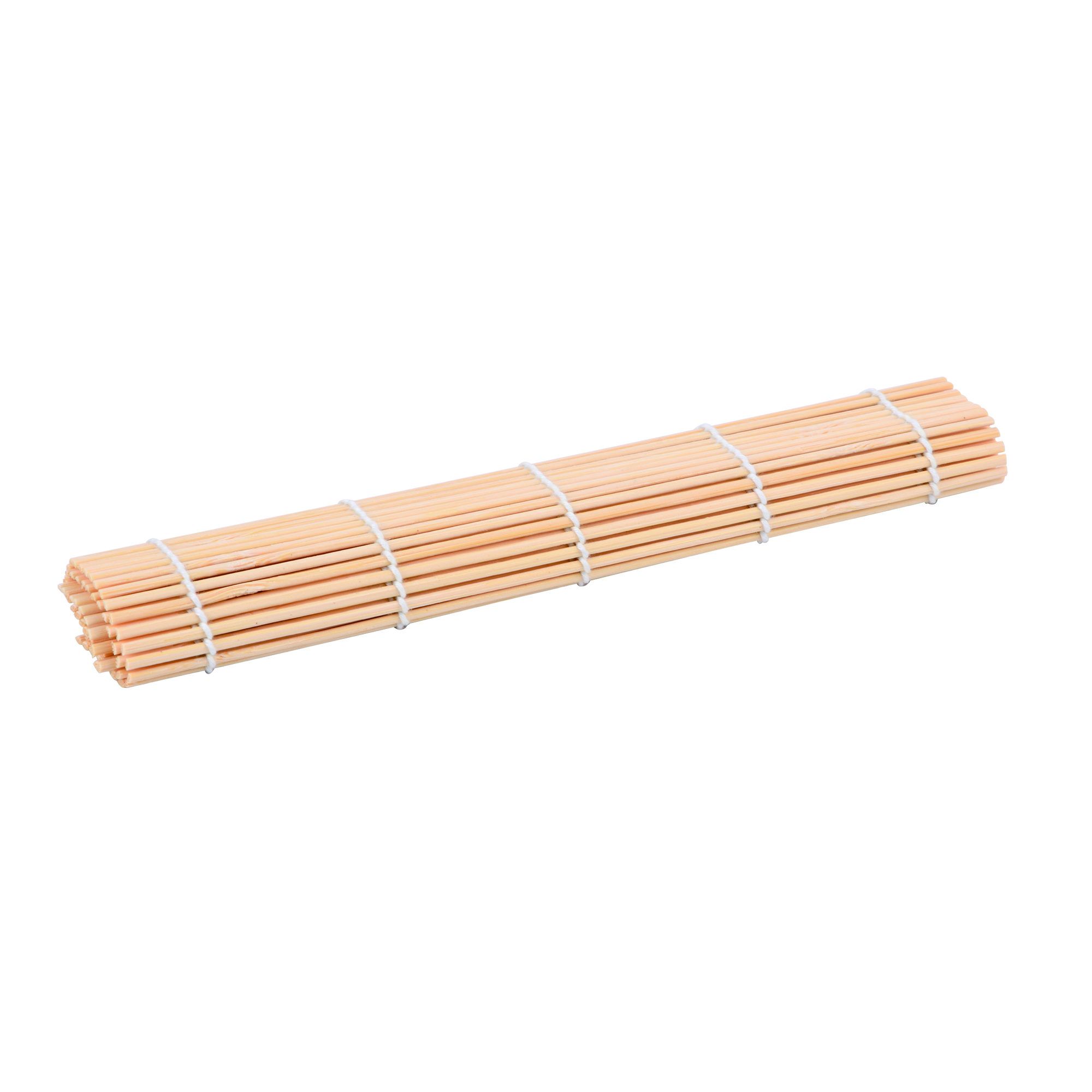 Un tappetino per arrotolare sushi fatto di sottili bacchette di bambù di colore chiaro tenute insieme da filo bianco.