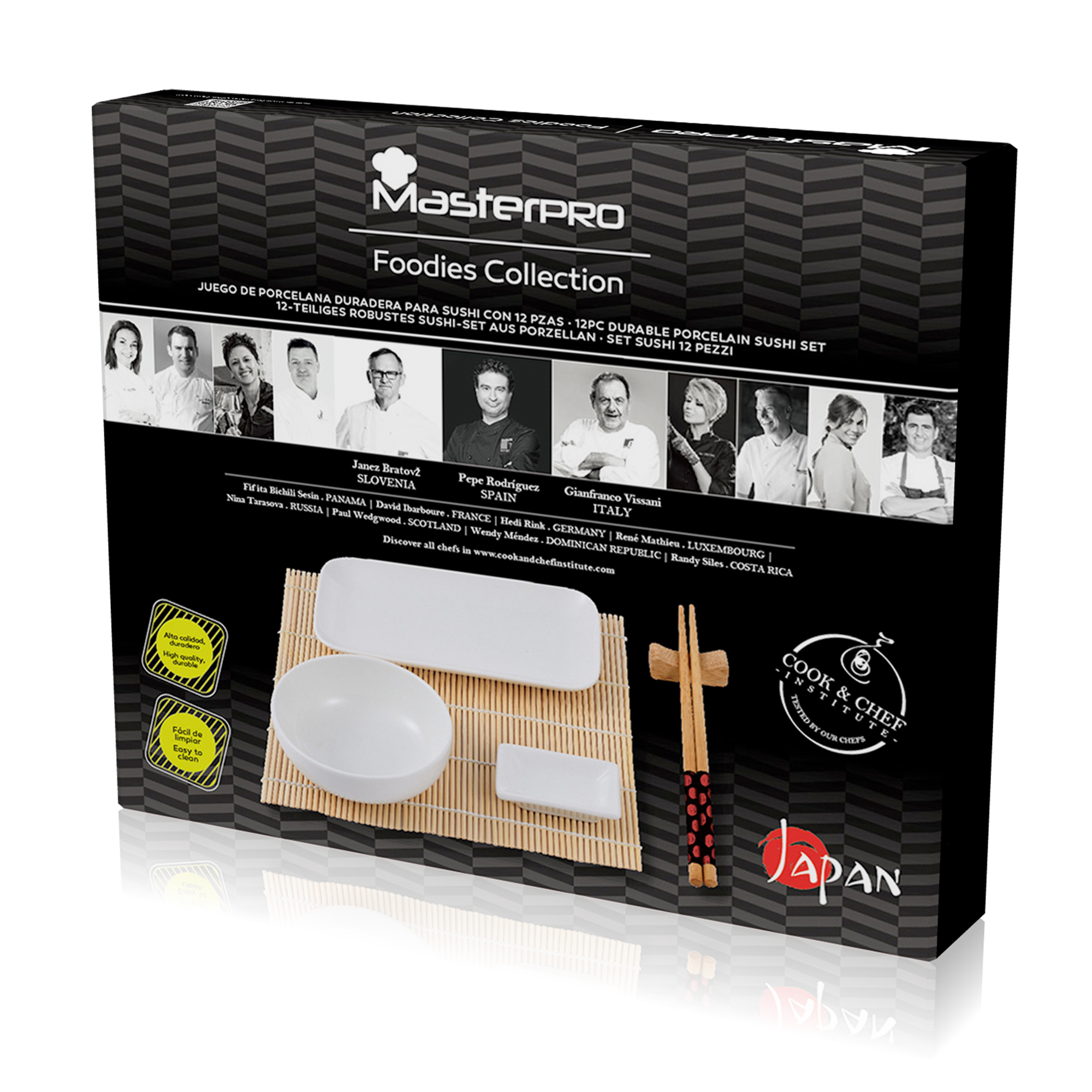 Una scatola del set di sushi Masterpro Foodies Collection con vari articoli per sushi. Il set include piatti e bacchette.