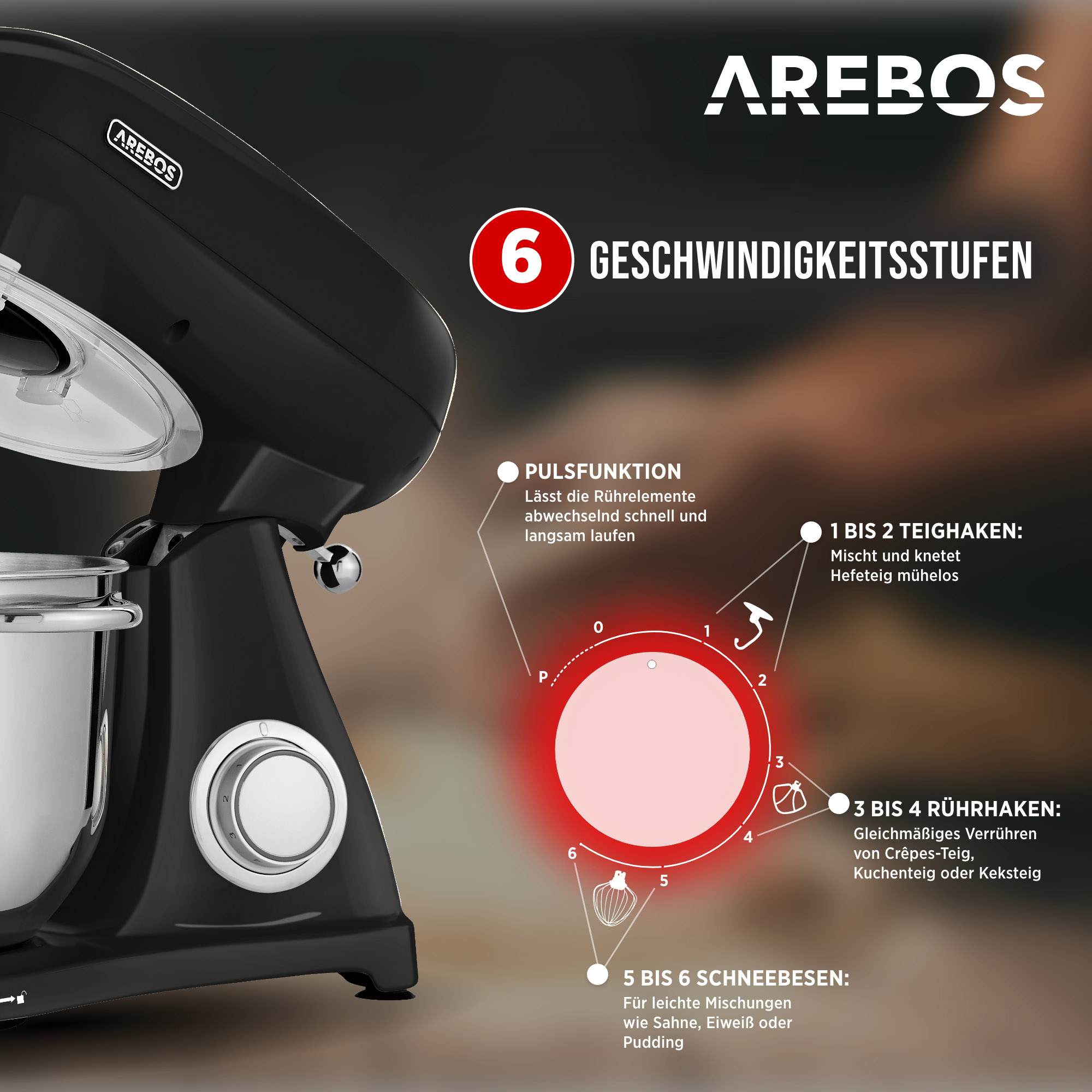 Schwarzer Küchenmixer mit Anweisungen. Der Mixer hat 6 Geschwindigkeitseinstellungen.