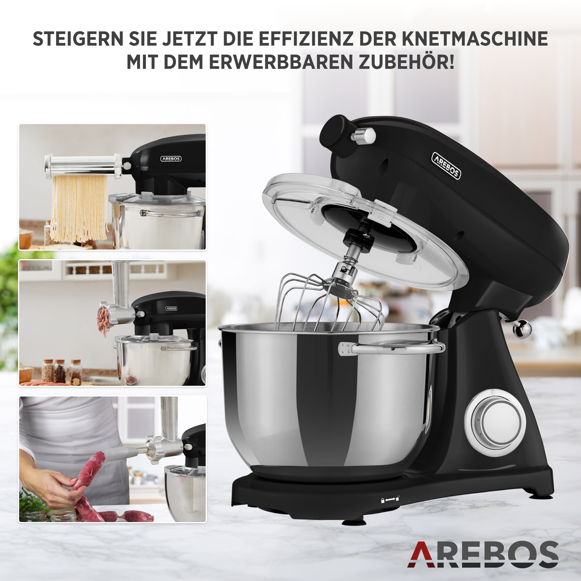 Eine schwarze AREBOS Küchenmaschine mit Aufsätzen, die Pasta, Fleischwolfen und Mischen zeigt.