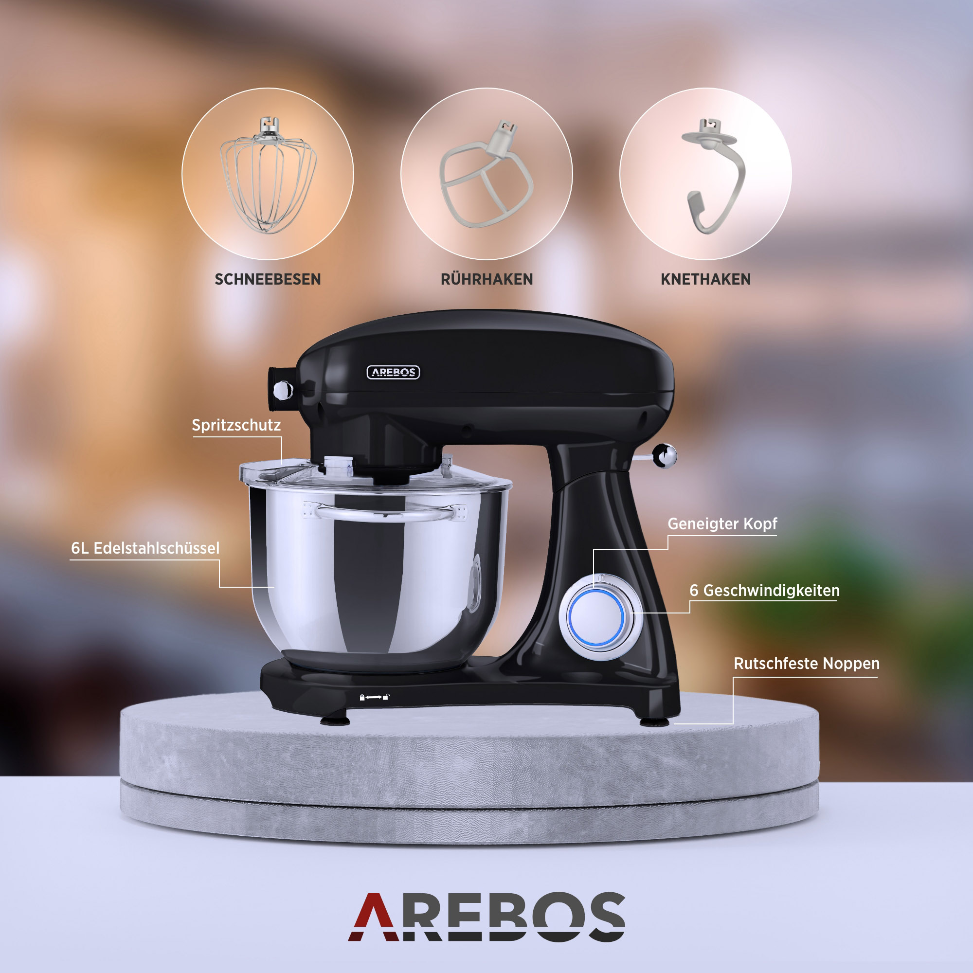 AREBOS 6 Speedlevels Küchenmaschine 6 Liter, schwarz 1800 (Rührschüsselkapazität: Watt)