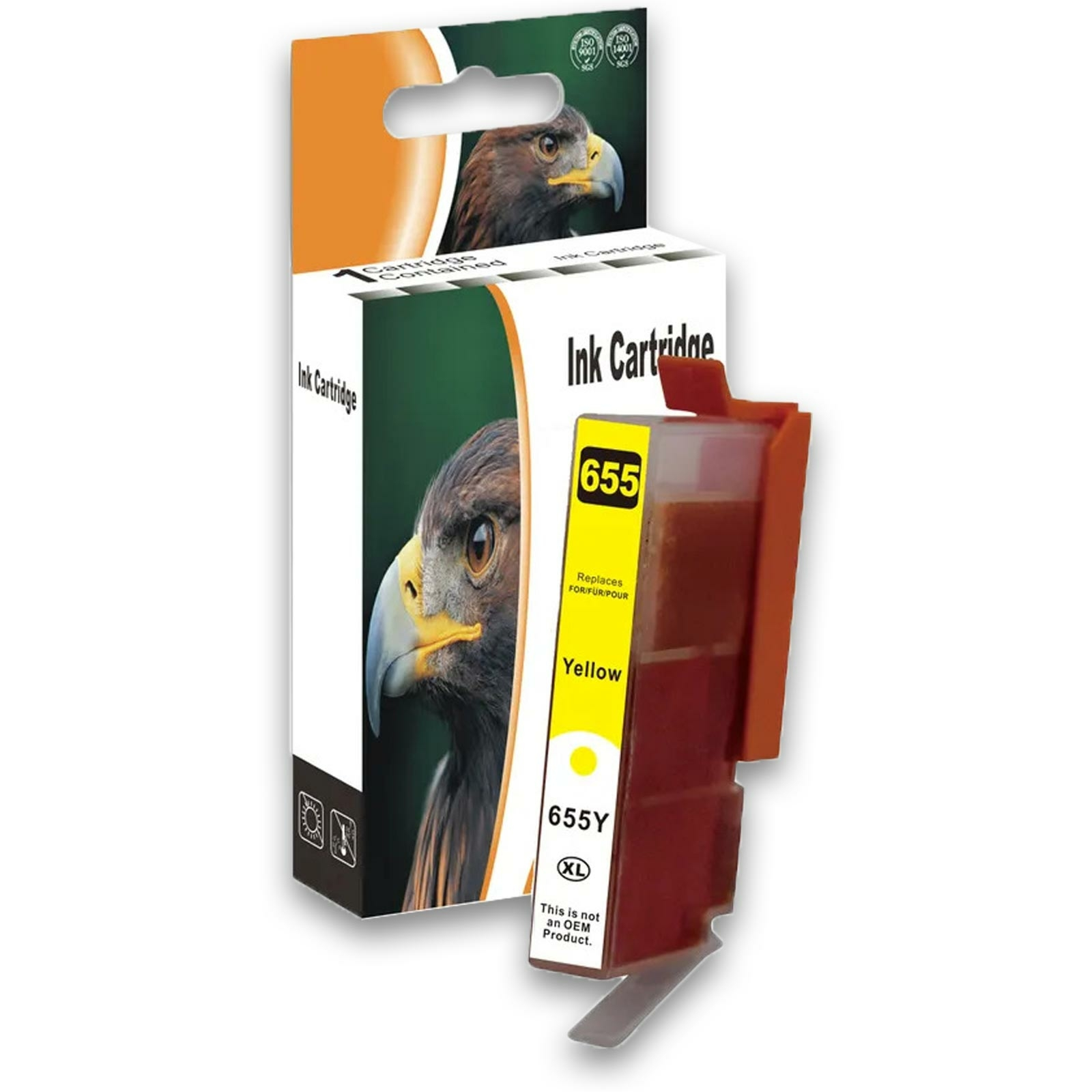 Gelbe Tintenpatrone mit gelbem Aufkleber und dem Bild eines Adlers auf der Verpackung.
