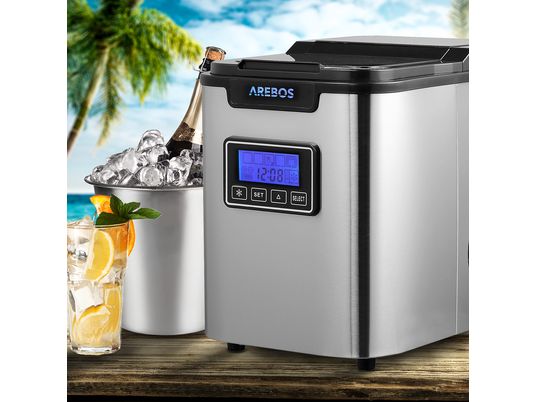 AREBOS 2,2L LCD Icemaker 12kg / 24h Eiswürfelmaschine Edelstahl mit LCD Display (150 Watt, silber)