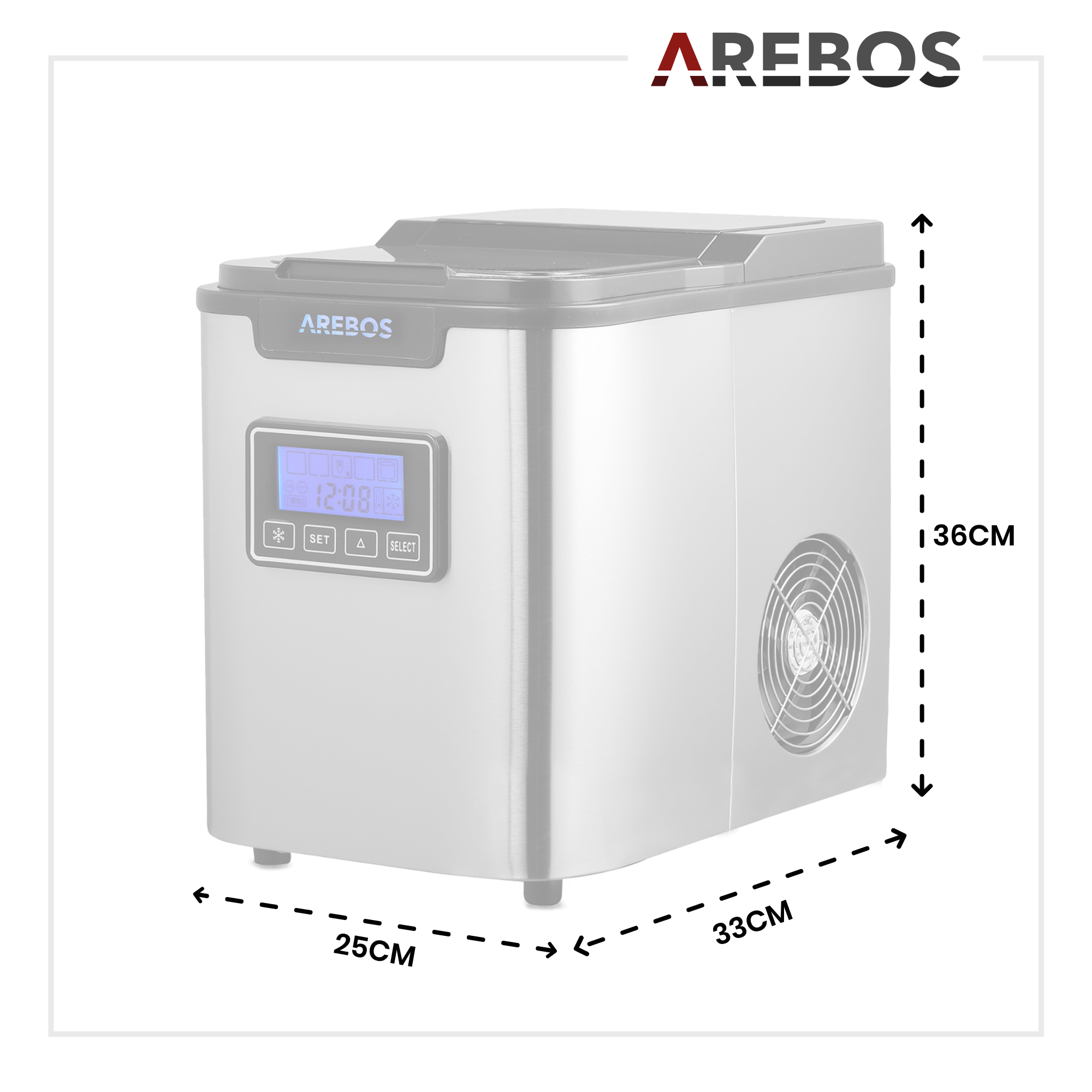 Eisbereiter mit Abmessungen, silbernem Gehäuse, Digitalanzeige und AREBOS-Logo.