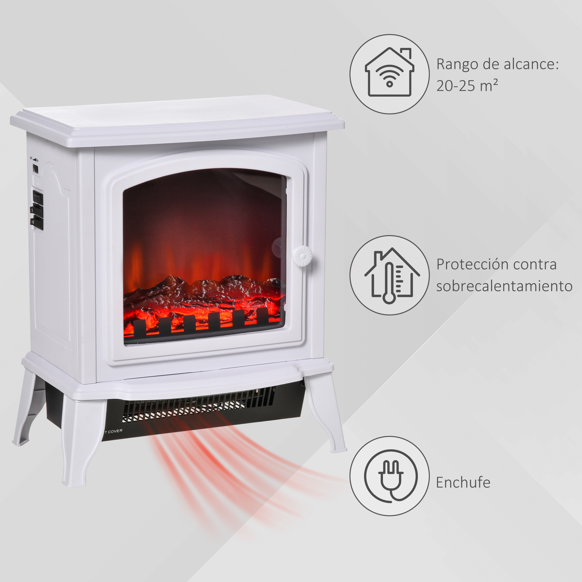 Chimenea eléctrica blanca con llamas rojas brillantes. Texto e iconos presentes. Fondo blanco.