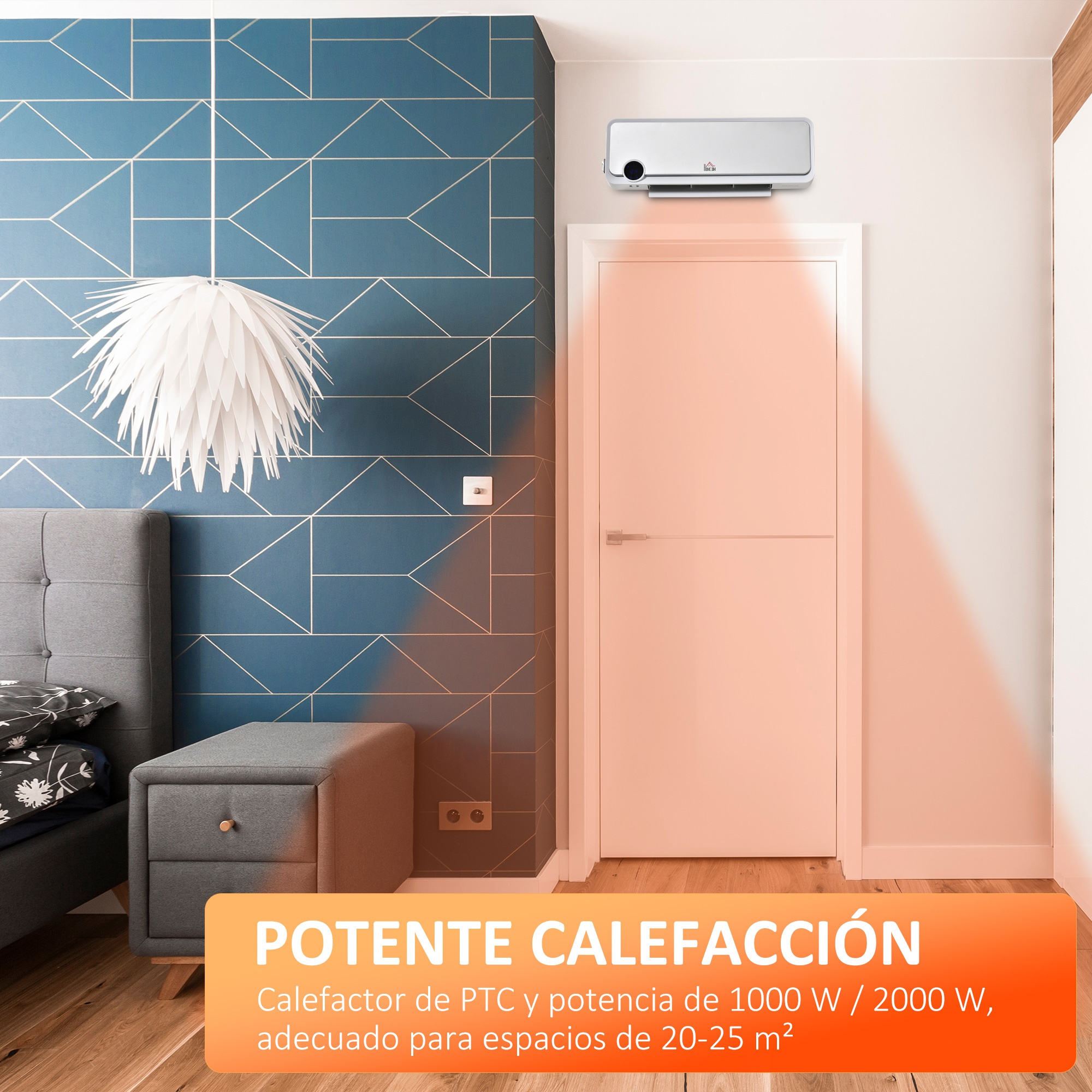 Un calefactor de pared con el texto 'POTENTE CALEFACCIÓN'. Está cerca de una puerta.