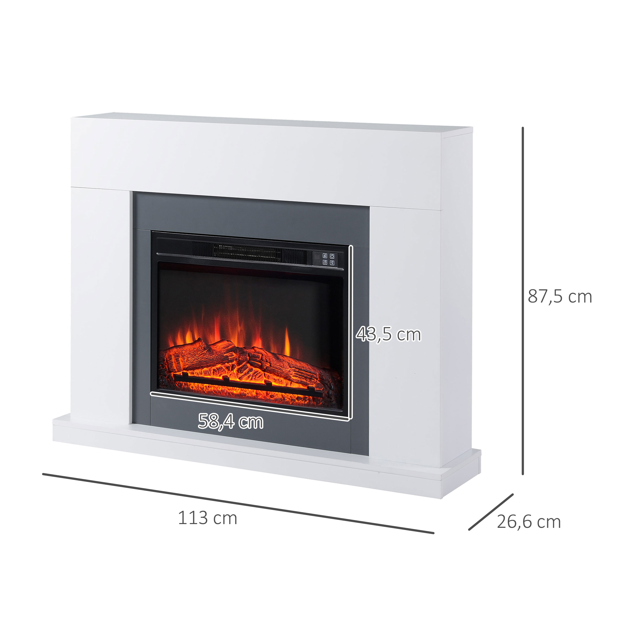 Chimenea eléctrica blanca con dimensiones. Muestra un efecto de fuego y tiene medidas en cm.