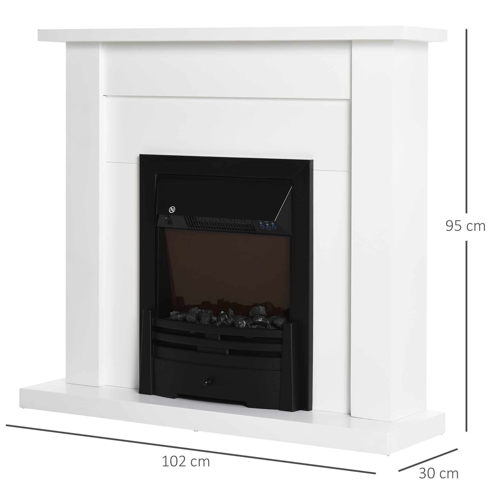 Chimenea blanca con inserto negro y dimensiones: 102cm, 30cm, 95cm. Es una pieza decorativa.
