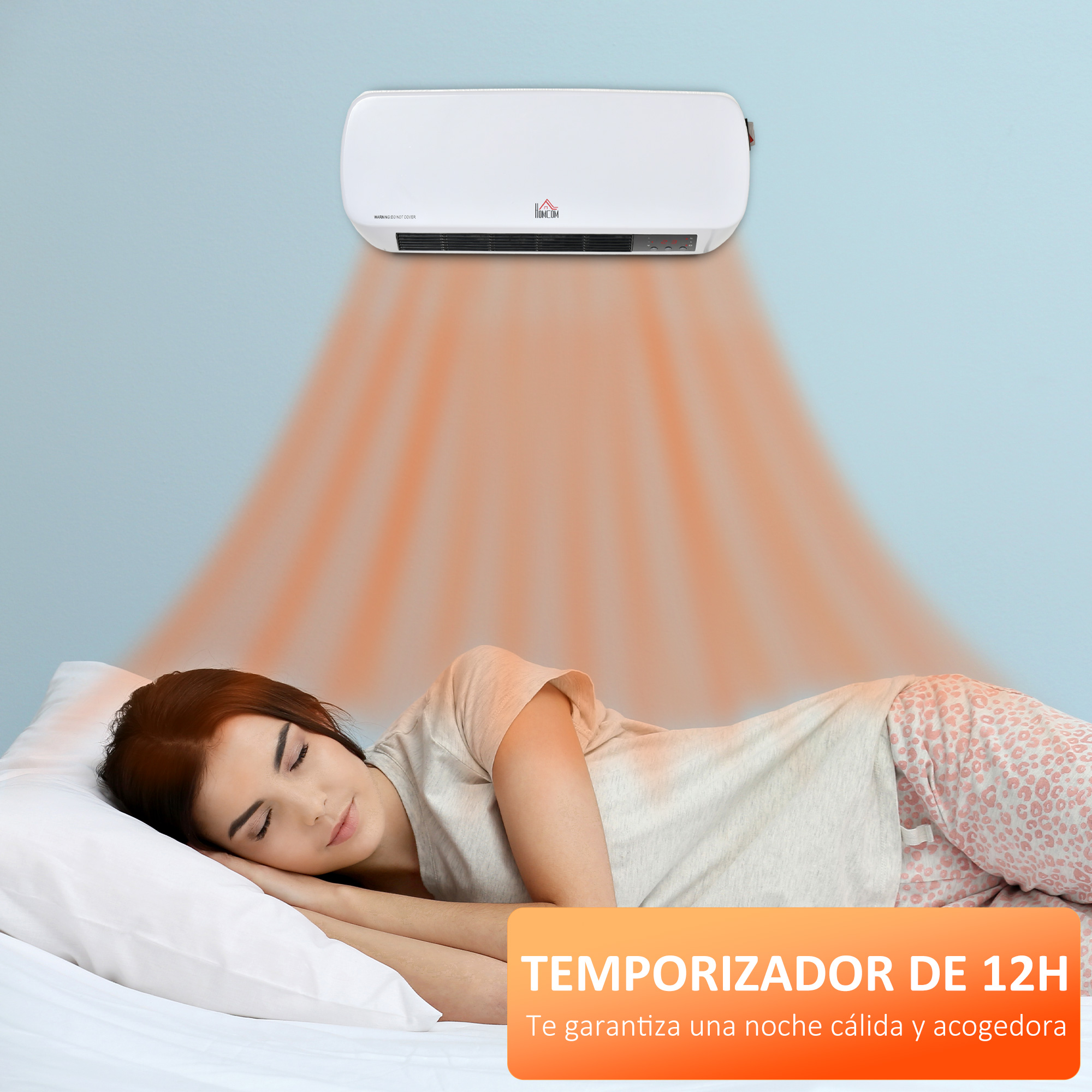 Mujer durmiendo bajo un calefactor de pared, con un brillo naranja.