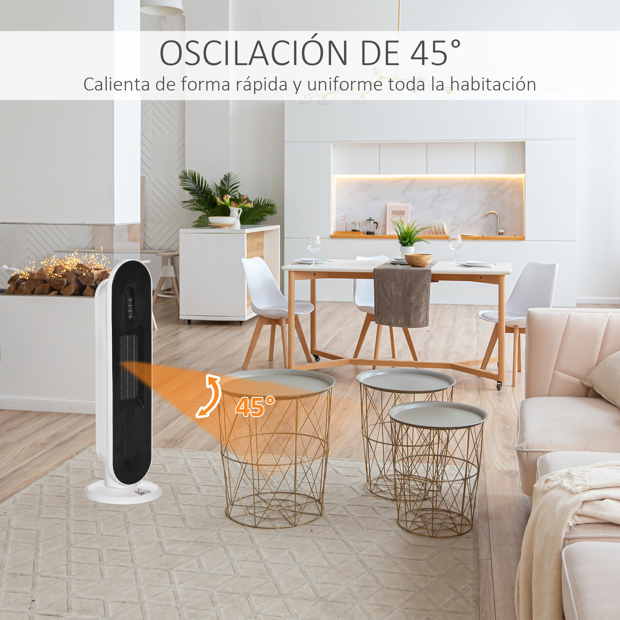 Un calentador blanco y negro con pantalla y varias mesas doradas en una habitación. Texto en español.