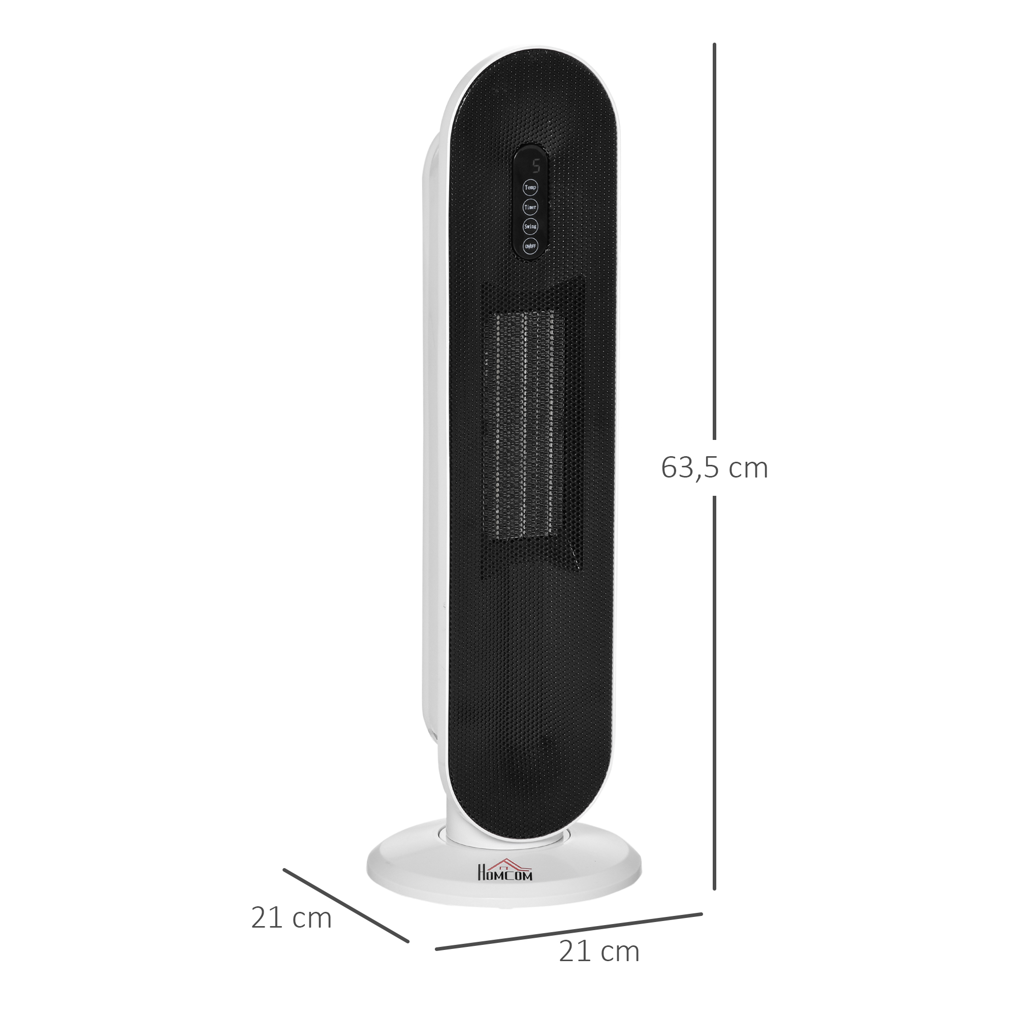 Calentador de torre eléctrico blanco y negro con dimensiones de 21x21x63.5cm.