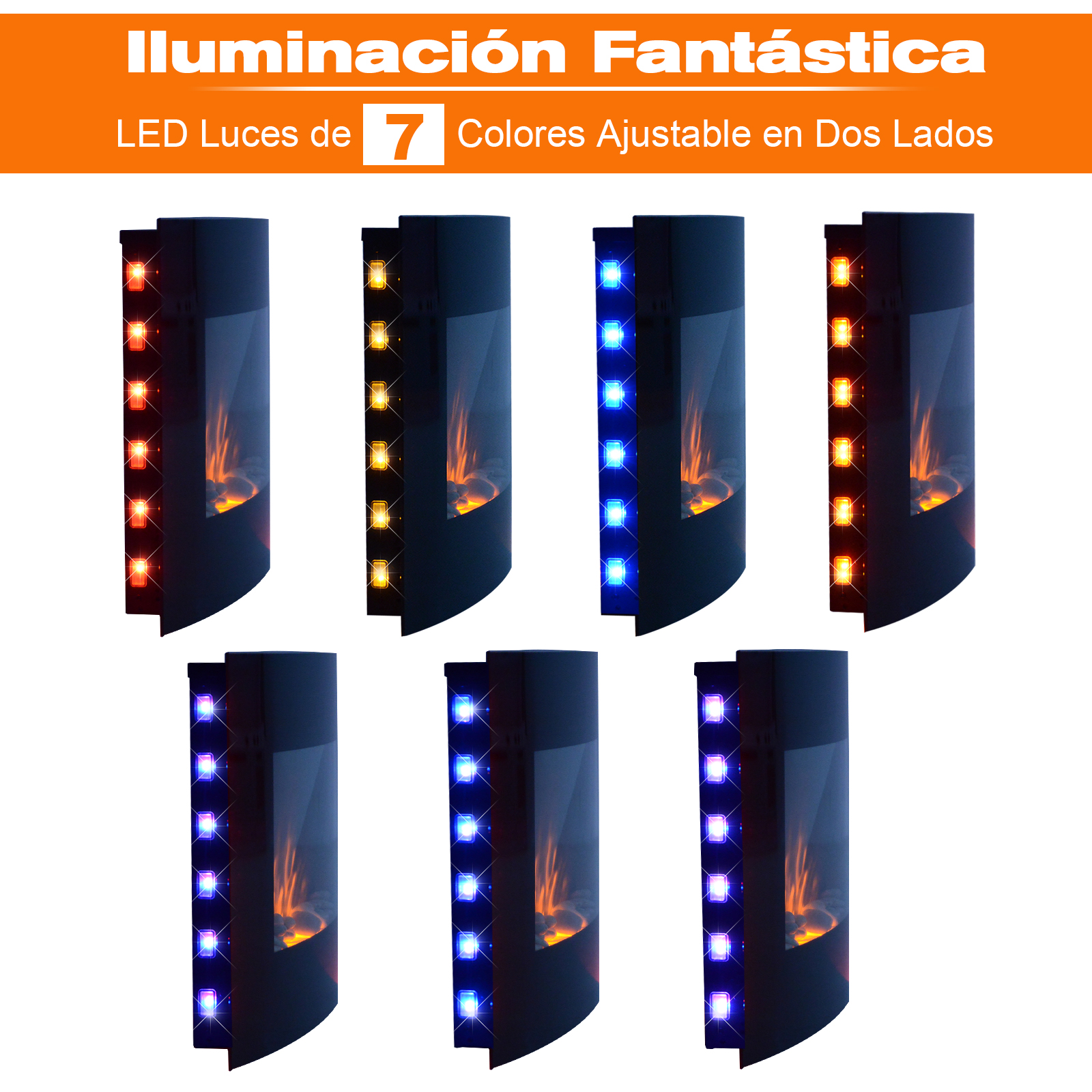 Siete luces LED con colores ajustables. Cada luz tiene una combinación de colores diferente. Fondo blanco.