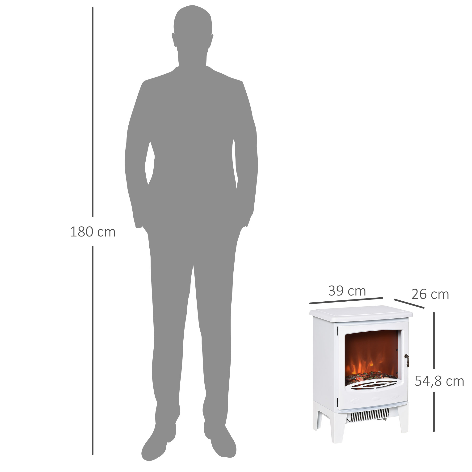 Weißer elektrischer Kamin mit Flammen und Maßen, neben grauer Silhouette.