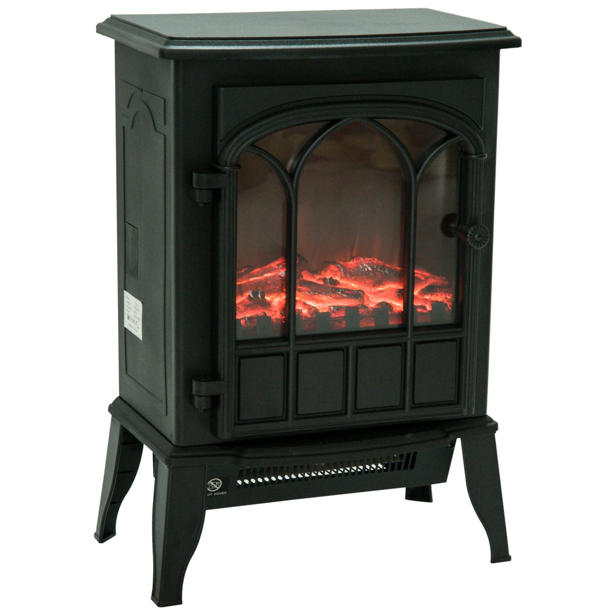 Un caminetto elettrico nero con effetto fiamma. Viene mostrato su sfondo bianco.