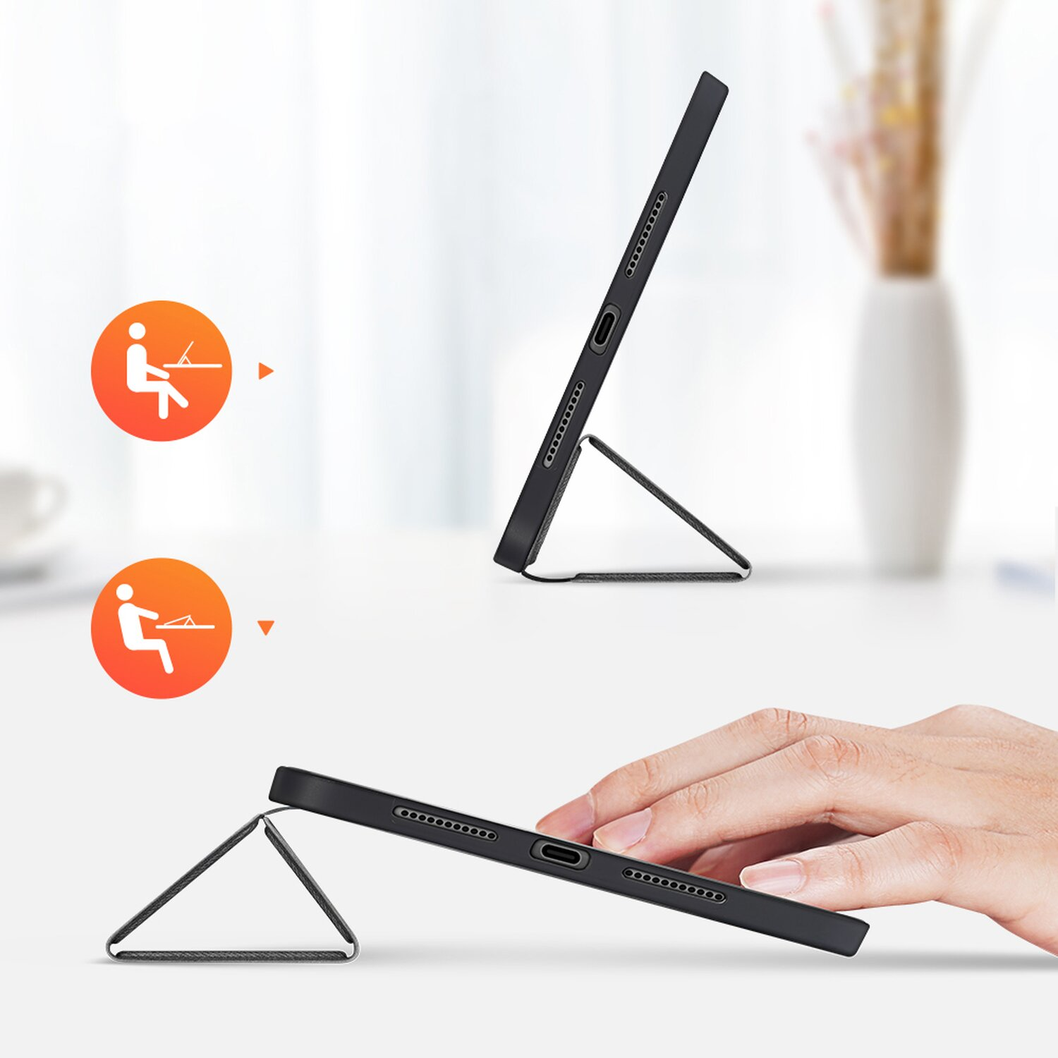 Ein Tablet mit Ständer und eine Hand, die den Ständer benutzt. Zwei Benutzersymbole.