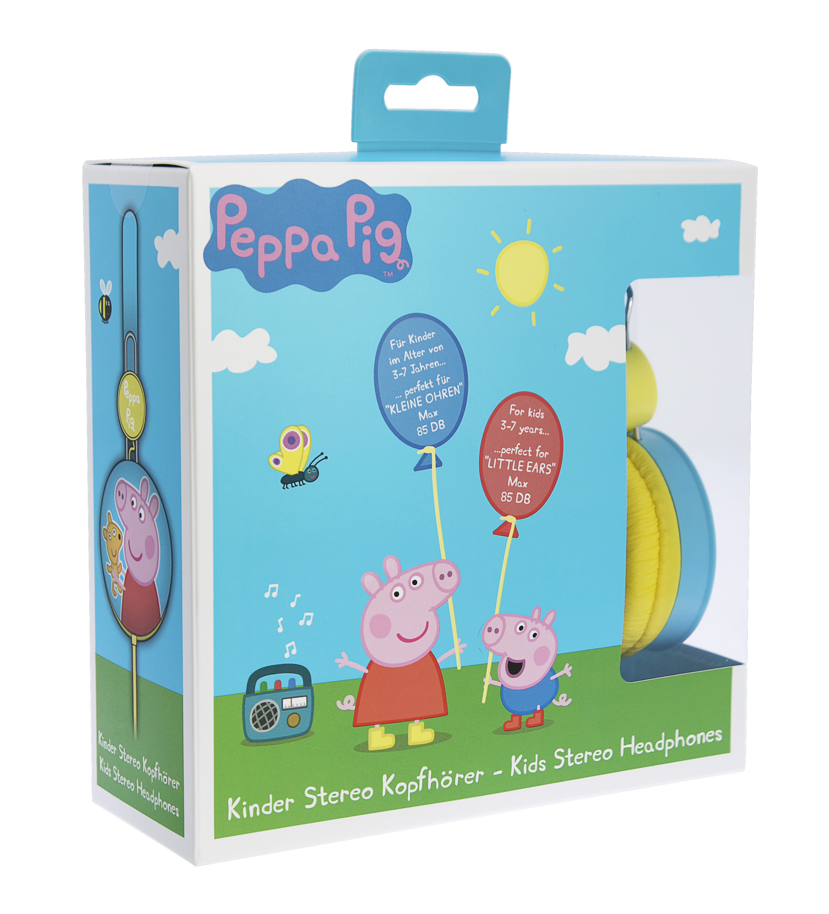 Pudełko słuchawek Peppa Pig z postaciami Peppy i George'a Świnki. Pudełko jest niebiesko-białe z tekstem i ilustracjami.